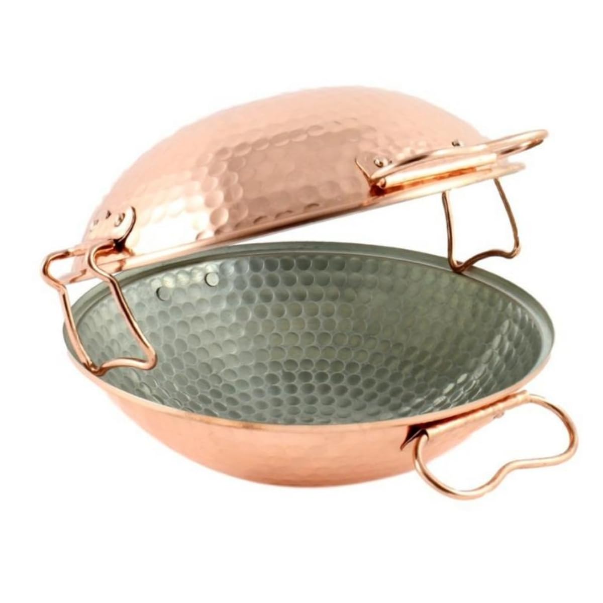 Hammered Copper Cataplana & Stir Fry Wok with Tin Lining - 30cm Diameter, Oven & Stovetop Safe (Except Induction) - Perfect for Seafood Stews, Paella & Asian Stir-Fry Cooking