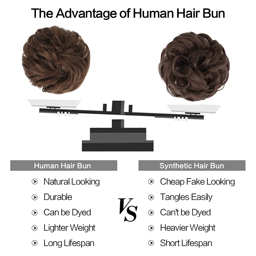 FESHFEN 100% Human Hair Messy Bun - Real Hair Scrunchies, Ponytail Extensions, Wavy Tousled Updo Chignon Hairpieces for Women (Medium Chestnut Brown) - Perfect for Weddings, Parties & Everyday Styling
