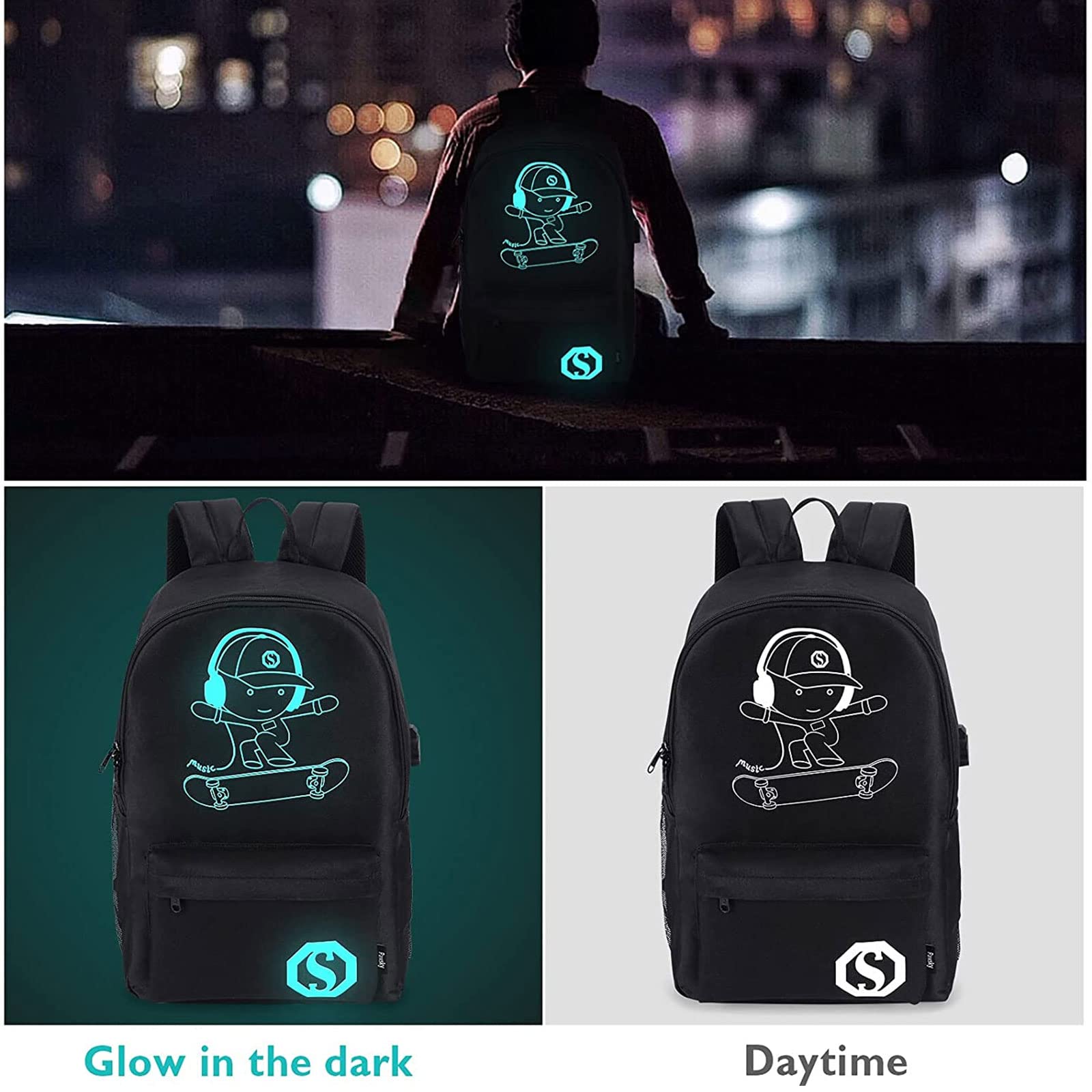 Kids Skateboard Anime Luminous Backpack with USB Charging Port & Anti-Theft Lock - Waterproof School Backpack for Teen Boys & Girls, Includes Lunch Bag & Pencil Case - Perfect for School, College, Travel & Outdoor Activities