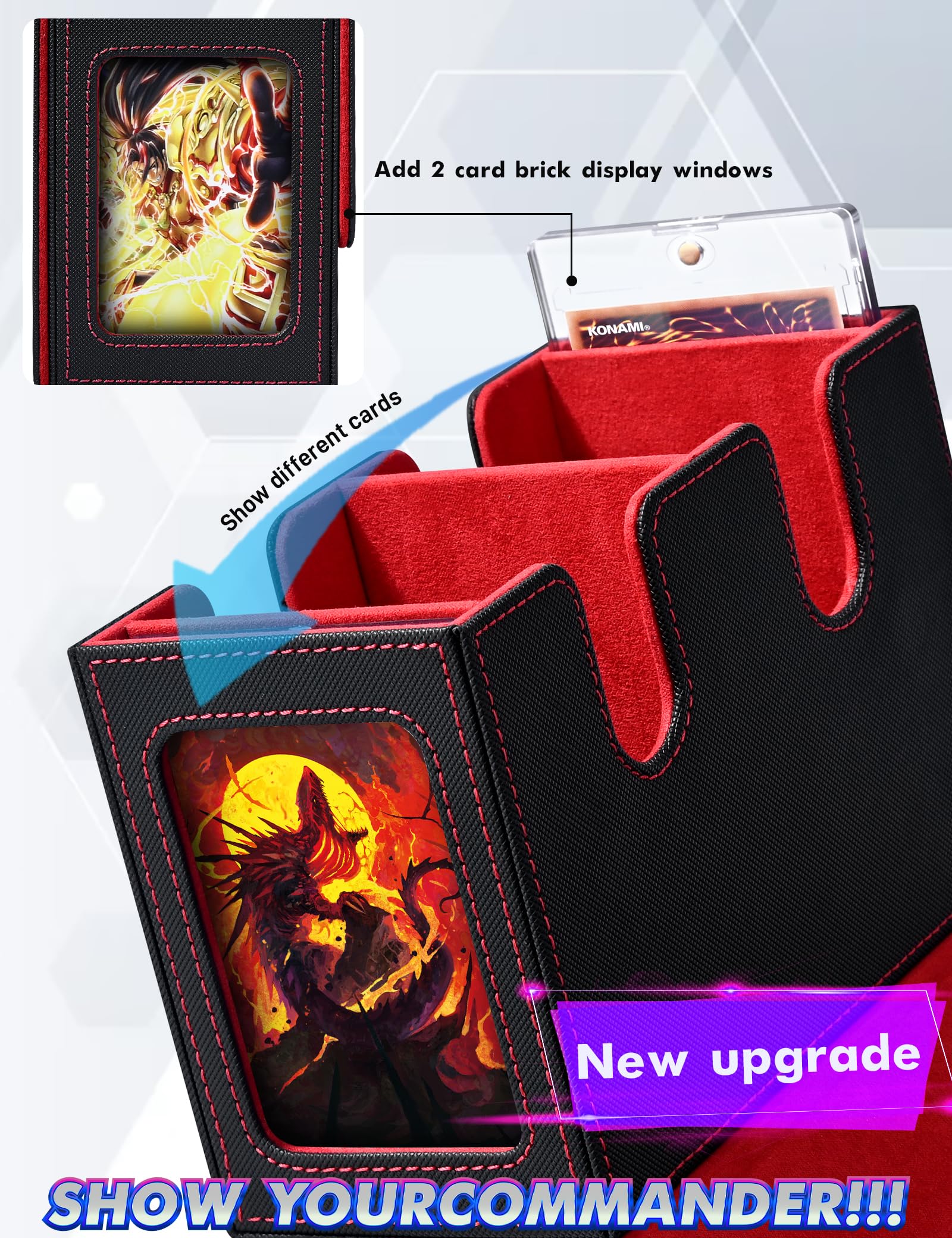 Premium Leather Magnetic MTG Deck Box with 2 Commander Displays - Holds 280+ Single Sleeved Cards - Perfect for TCG/CCG Magic: The Gathering Cards (Black & Red) - Ideal for Game Nights, Tournaments & Card Collection Storage