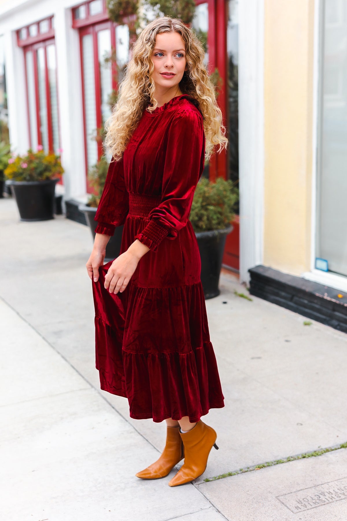 Burgundy Velvet Mock Neck Smocked Waist Dress for Women - Elegant Holiday Party & Christmas Dinner Outfit
