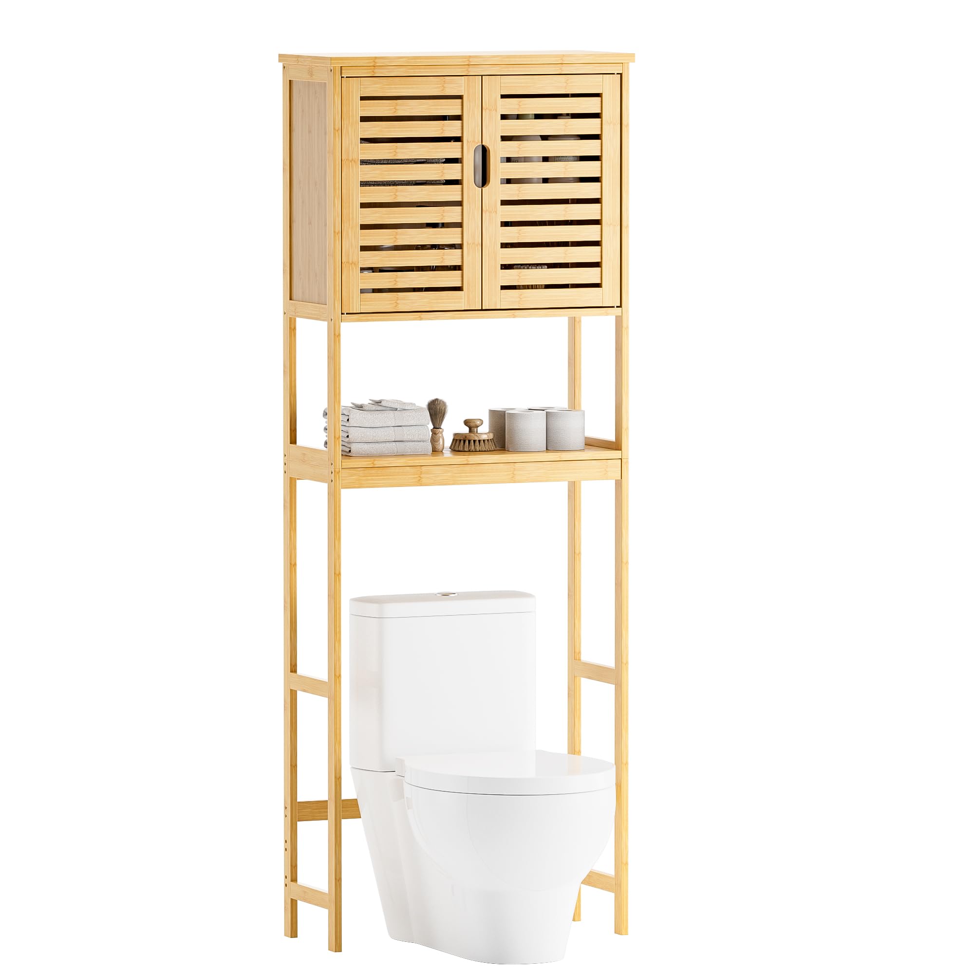 SMIBUY Over The Toilet Storage Cabinet - 2 Door Bamboo Bathroom Organizer with Adjustable Shelves | Freestanding Space Saver Toilet Rack for Small Bathrooms | Perfect for Towels, Toiletries & Bathroom Essentials (Natural)
