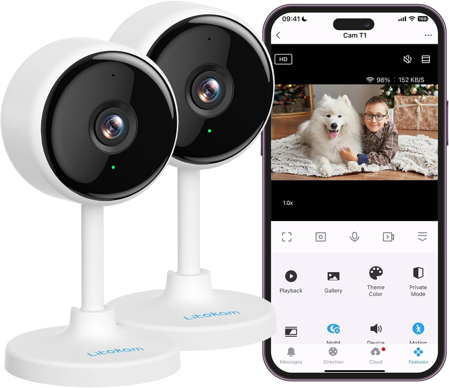 Litokam 2K Indoor Security Camera 2 Pack - WiFi Pet Camera with Night Vision & Human Motion Detection, Baby/Elder Monitor, Works with Alexa - Perfect for Home Security & Pet Monitoring