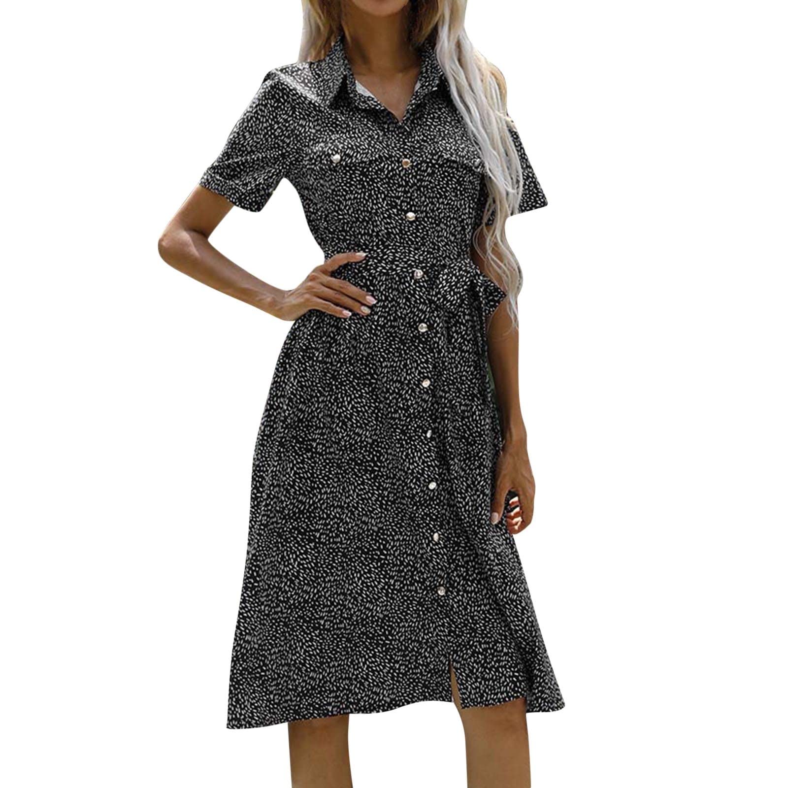 Women's Floral Print Bandage Dress - Short Sleeve Button Down Casual Dress for Summer & Business Wear (Black, Medium) | Perfect for Office, Date Night & Special Occasions