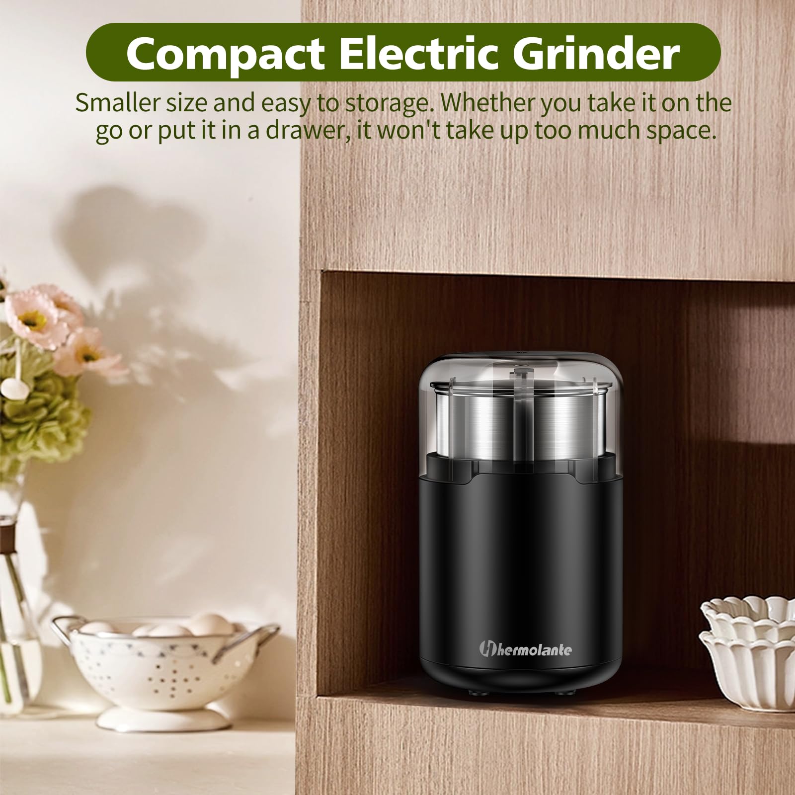 150W Electric Herb Grinder with Stainless Steel Blade - Spice, Coffee, Nut & Seed Grinder - Compact Size with Cleaning Brush - Perfect for Kitchen, Camping & Travel Use