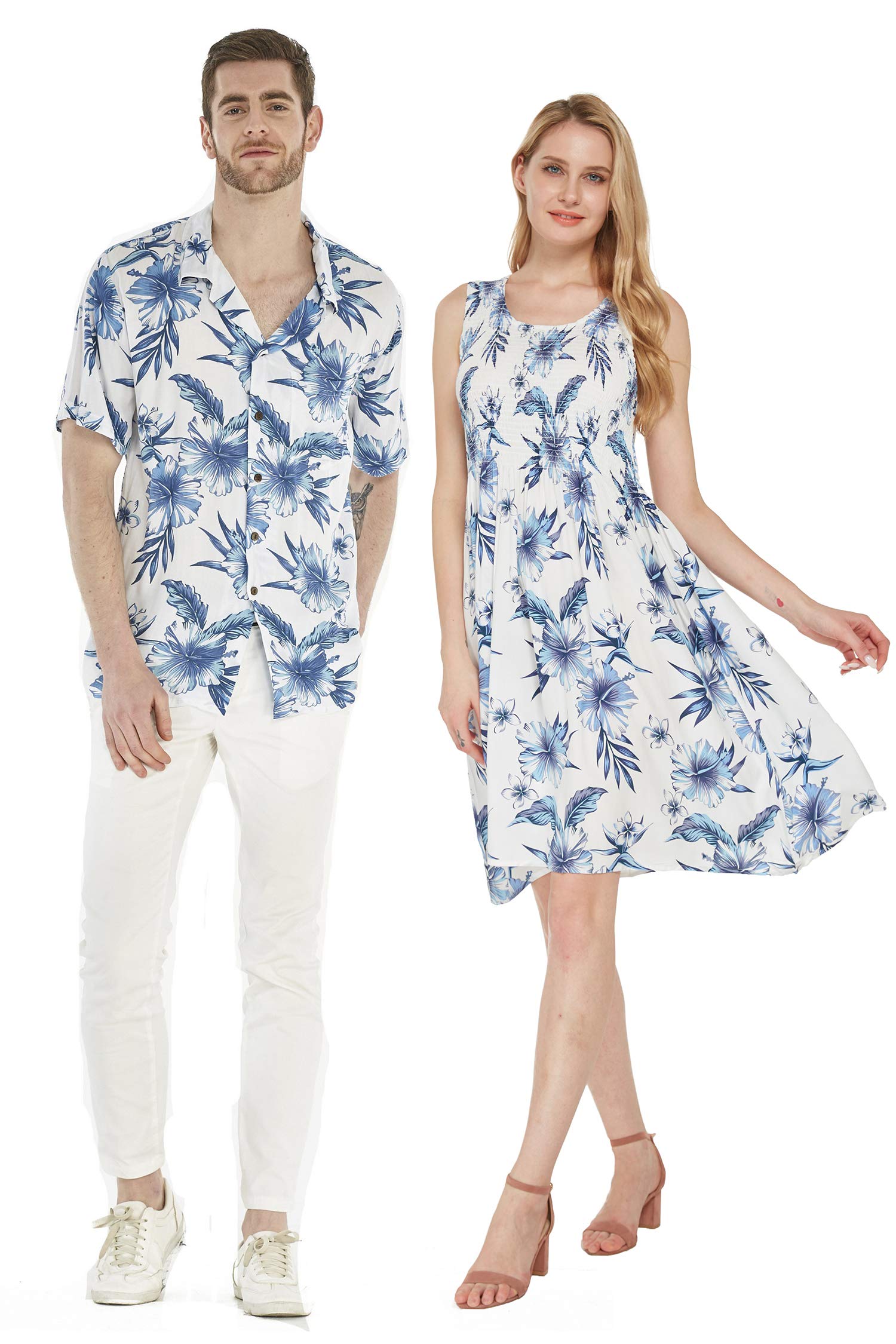 **Couple Matching Hawaiian Luau Aloha Shirt & Tank Dress - Day Dream Bloom Print - Tropical Vacation Outfits for Beach, Summer & Date Nights**