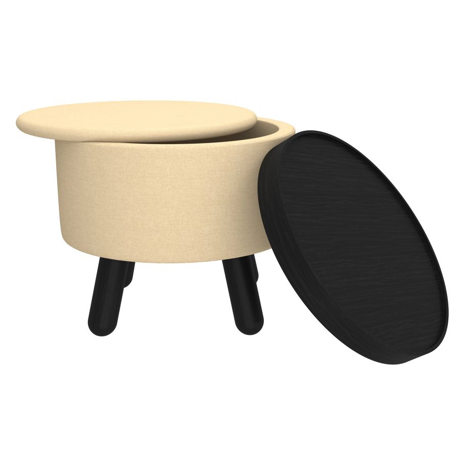 Round Storage Ottoman with Tray - Beige & Black Upholstered Footrest Stool for Living Room, Bedroom & Nursery | Multi-Functional Seat with Hidden Storage Space