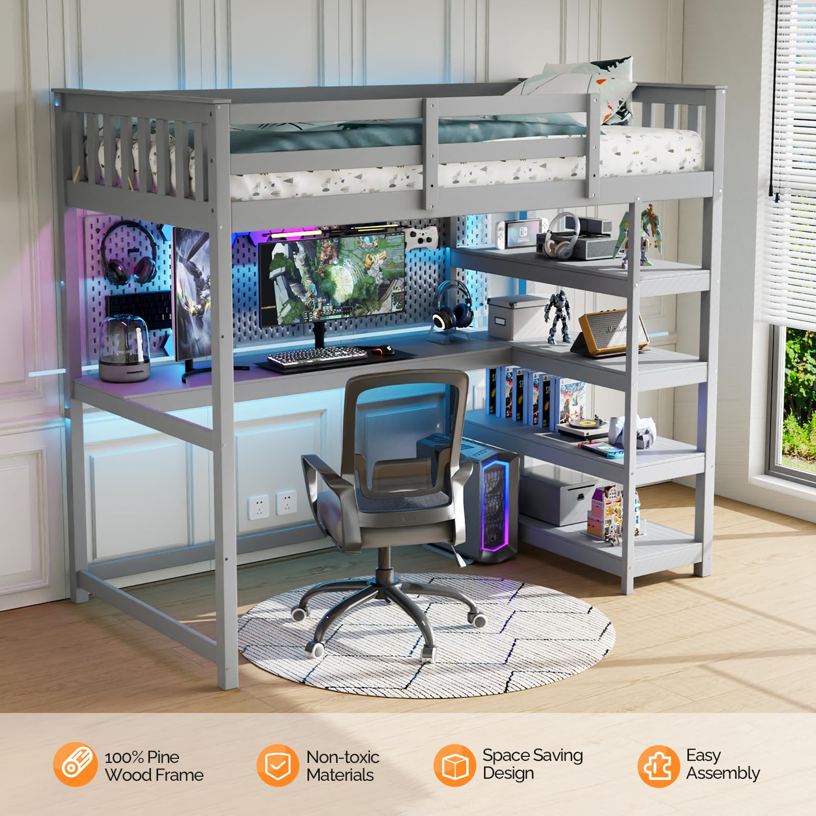 JOYMOR Twin Size Bunk Bed with Built-in Desk & 4-Layer Shelves - Space-Saving Loft Bed with Under Desk Storage & Bookcase - Sturdy Bed Frame for Kids, Teens & Adults - Perfect for Small Bedrooms, Dorms & Studio Apartments