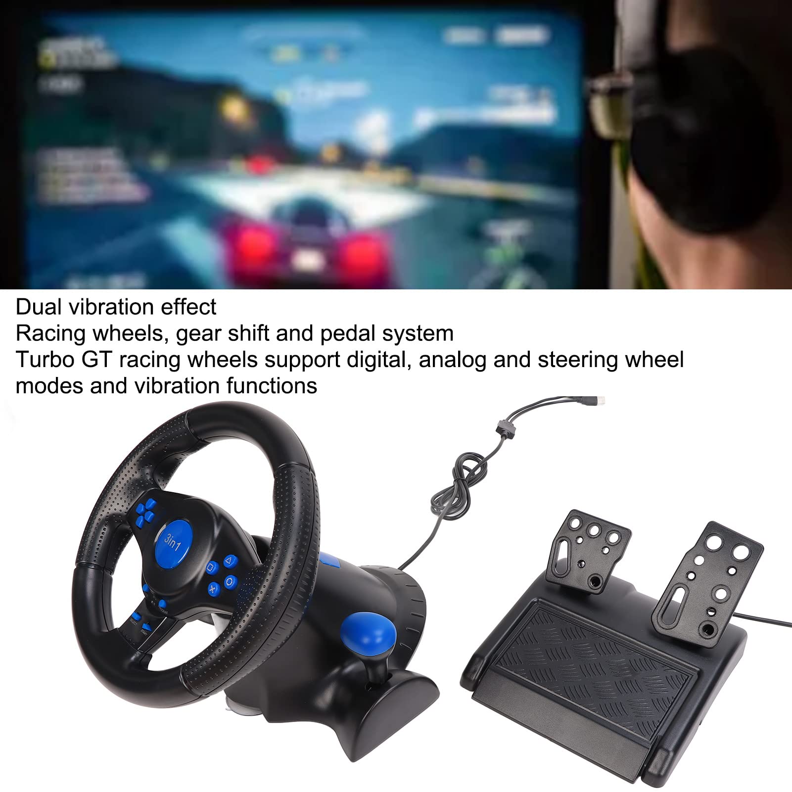 Bewinner Racing Wheel for PC - 180 Degree Rotation, 3-in-1 USB Steering Wheel with Pedals & Shifter - Compatible with PC & PS3 - Perfect for Racing Games Like Forza, Gran Turismo, F1 Simulation