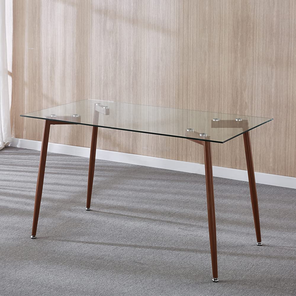 Modern Glass Top Dining Table with Metal Legs & Wooden Finish - Contemporary Kitchen & Home Office Furniture - Sturdy & Transparent Design for Stylish Dining & Workspaces