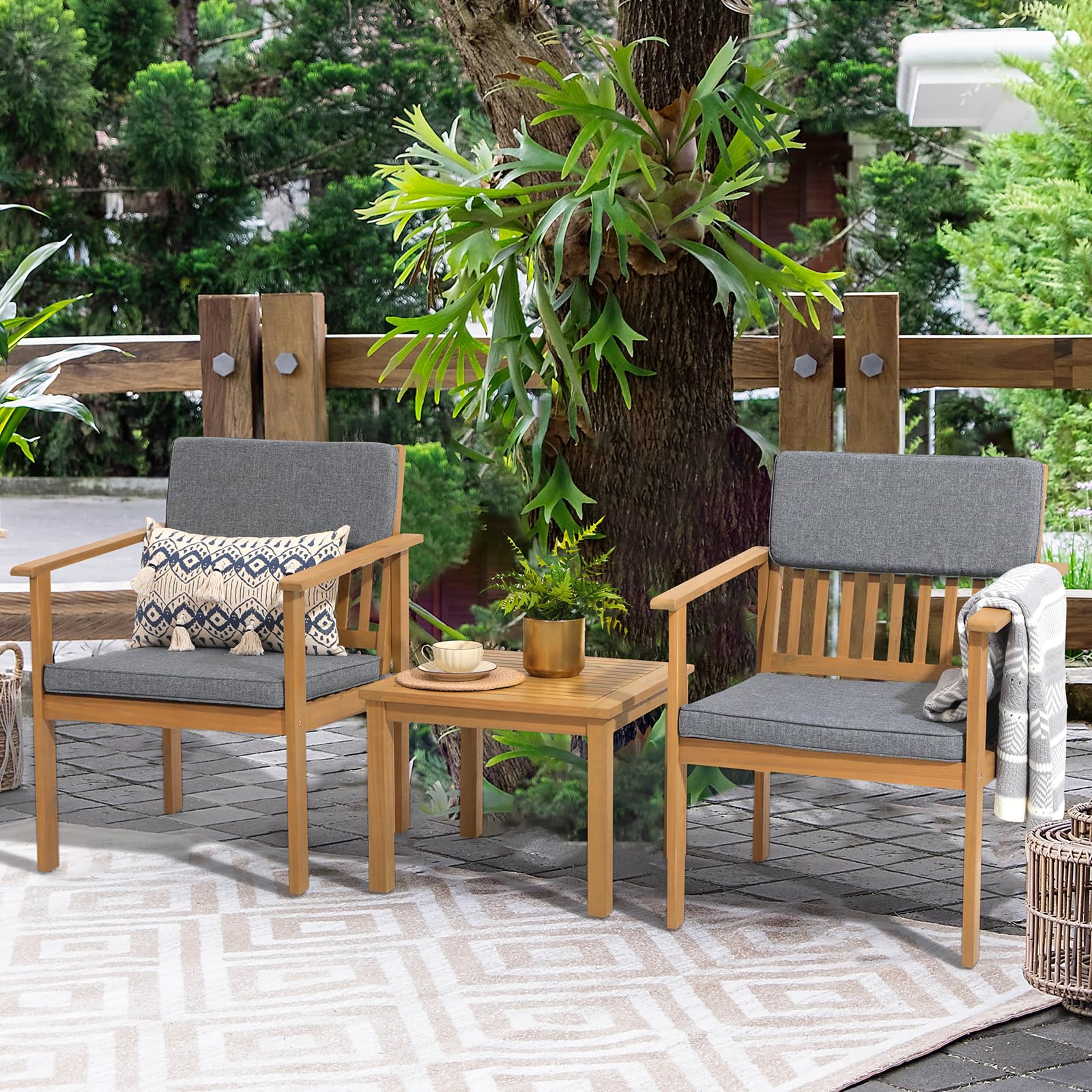 Premium 3-Piece Acacia Wood Outdoor Patio Furniture Set - FSC Certified Bistro Table & Chairs with Gray Cushions for Balcony, Porch, Backyard | Perfect for Garden Dining, Outdoor Entertaining & Relaxation