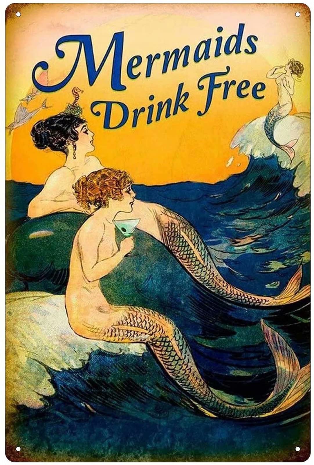 Vintage Tin/Aluminum Metal Sign - Mermaids Drink Free - 12x16 Inch Retro Wall Decor for Bar, Home, Bathroom & Coffee Shop - Perfect for Themed Parties & Coastal Decor