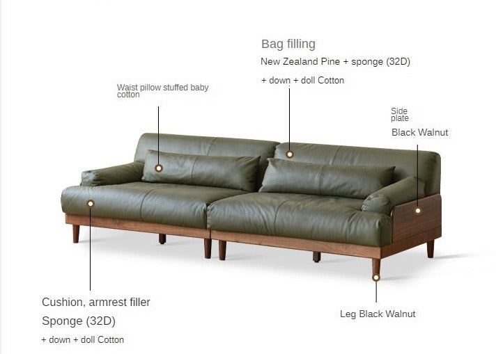 Premium Black Walnut & Oak Solid Wood Leather Recliner Sofa - Luxurious Comfort for Living Room, Lounge & Home Theater