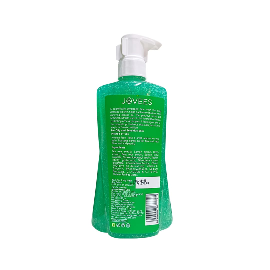 Jovees Herbal Tea Tree Oil Control Face Wash for Oily & Sensitive Skin | Paraben & Alcohol-Free, Oil Control, Acne Prevention, Exfoliating Cleanser | Gentle Daily Facial Cleansing for Men & Women - 300ml | Perfect for Morning & Night Skincare Routine