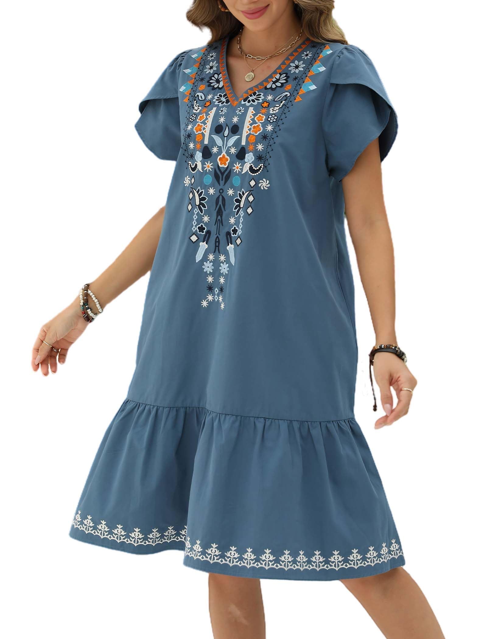 LauraKlein Women's Summer Floral Embroidered Boho Dress with Ruffled Sleeves - Mexican Peasant Style Casual Maxi Dress for Beach, Vacation & Outdoor Parties