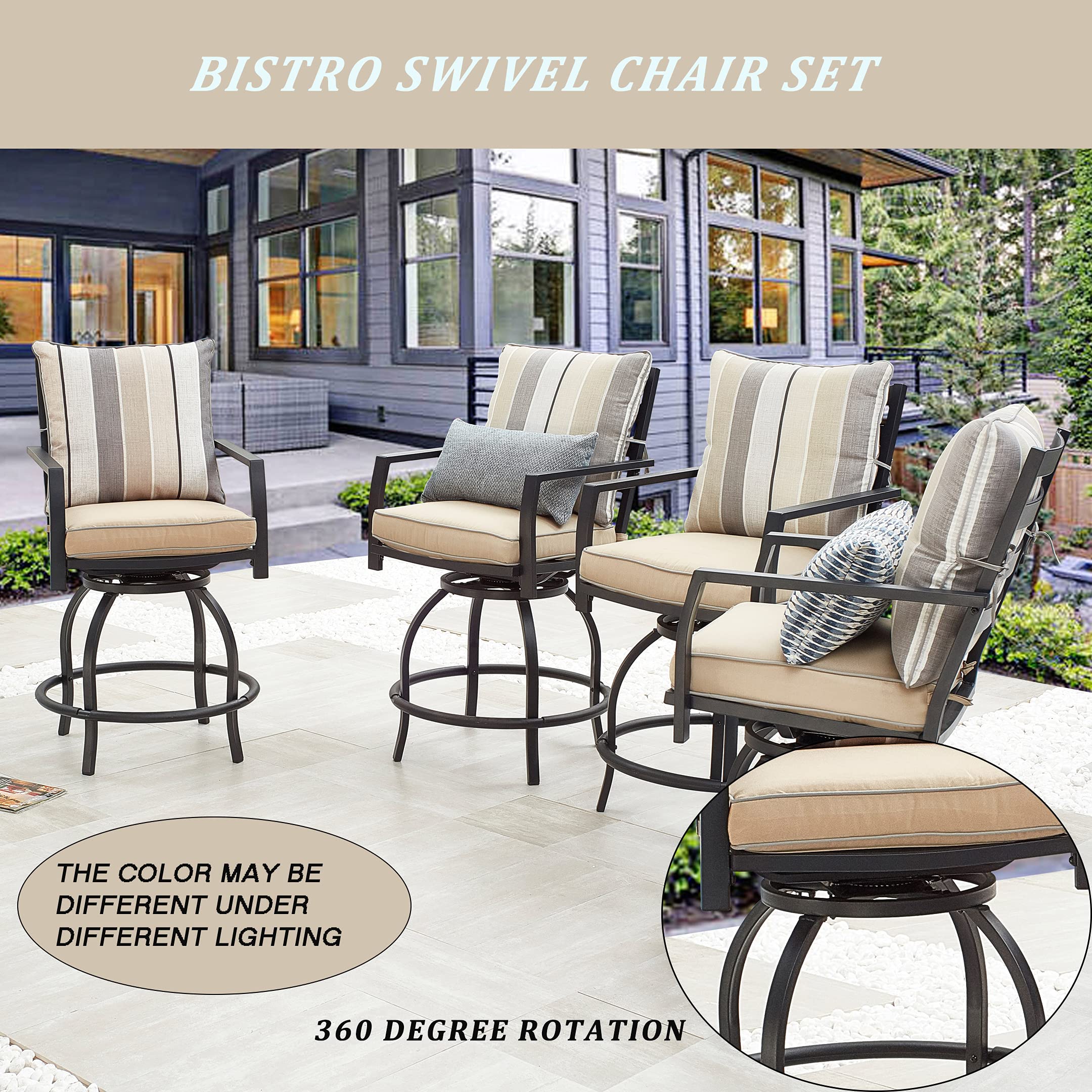LOKATSE HOME Outdoor Swivel Bistro Chairs - Set of 4 Patio Bar Stools with Cushion, Beige Metal Furniture for Garden, Poolside, and Backyard Relaxation