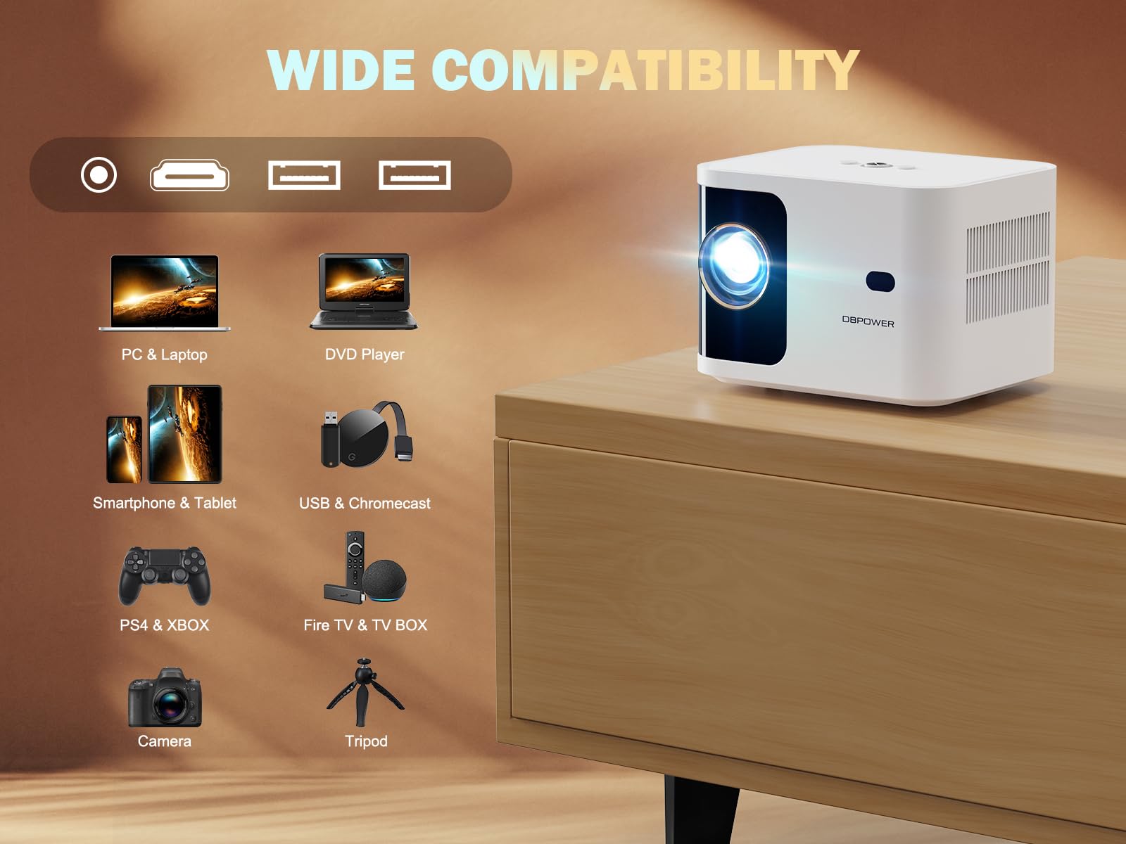 DBPOWER 5G WiFi Mini Bluetooth Projector 4K Support, 300 ANSI Lumens HD 1080P Portable Video Projector with ±40° Vertical Keystone, Zoom & Timer - Smartphone Compatible Outdoor Movie Projector for Home Theater, Camping, and Backyard Entertainment (White)