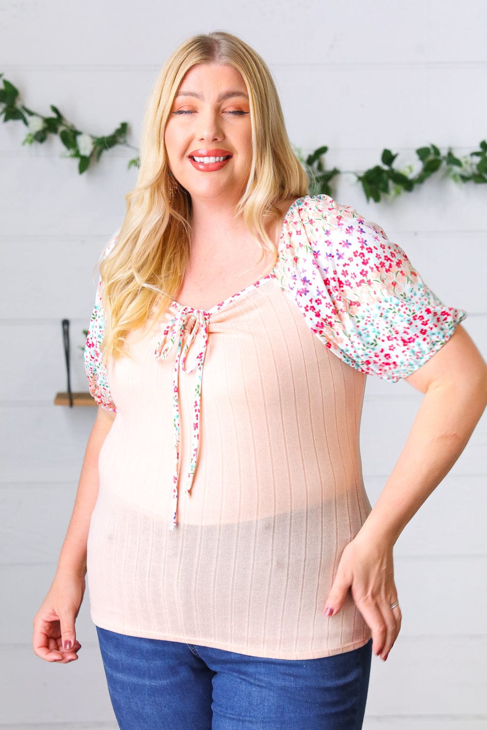 Peach & Floral Tie Neck Bubble Sleeve Blouse - Elegant Women's Fashion Top for Spring Summer Outfits, Date Night & Office Wear