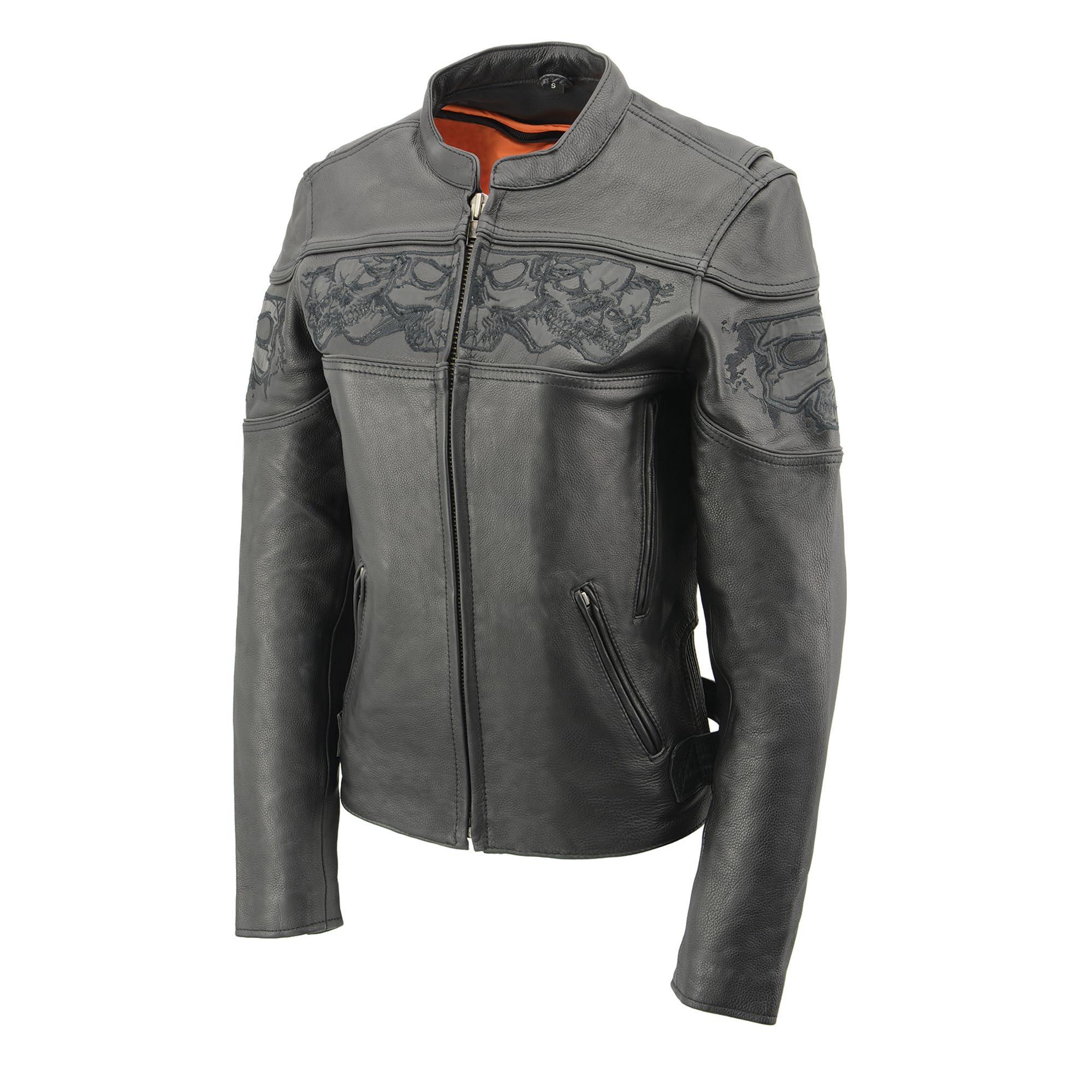 Milwaukee MLL2540 Women's Reflective Skulls Soft Naked Cowhide Leather Motorcycle Jacket - Stylish & Protective Riding Gear for Harley, Cruiser & Street Bikes