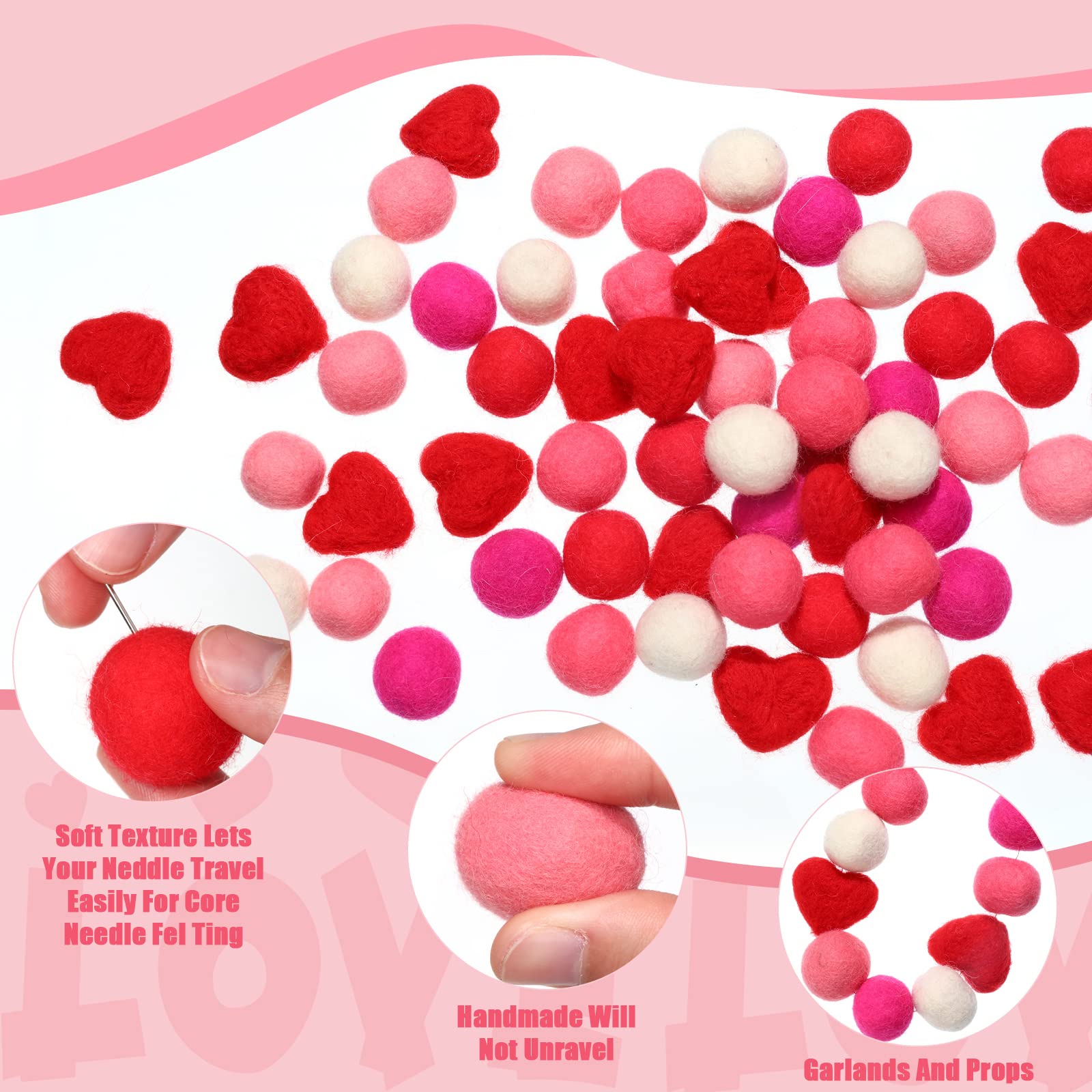 63-Piece Wool Felt Balls & Hearts Set - 15 Heart-Shaped Pom Poms for Valentine's Day DIY Crafts, Home Decor & Garland Making - Includes Sewing Kit for Easy DIY Projects | Perfect for Party Decorations, Gift Wrapping & Nursery Decor