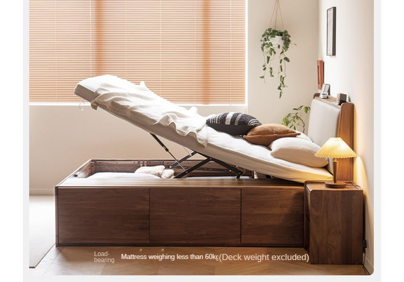 Solid Black Walnut Wood Leather-Upholstered Drawer Box Bed - Nordic Style Platform Bed with Storage for Modern Bedroom