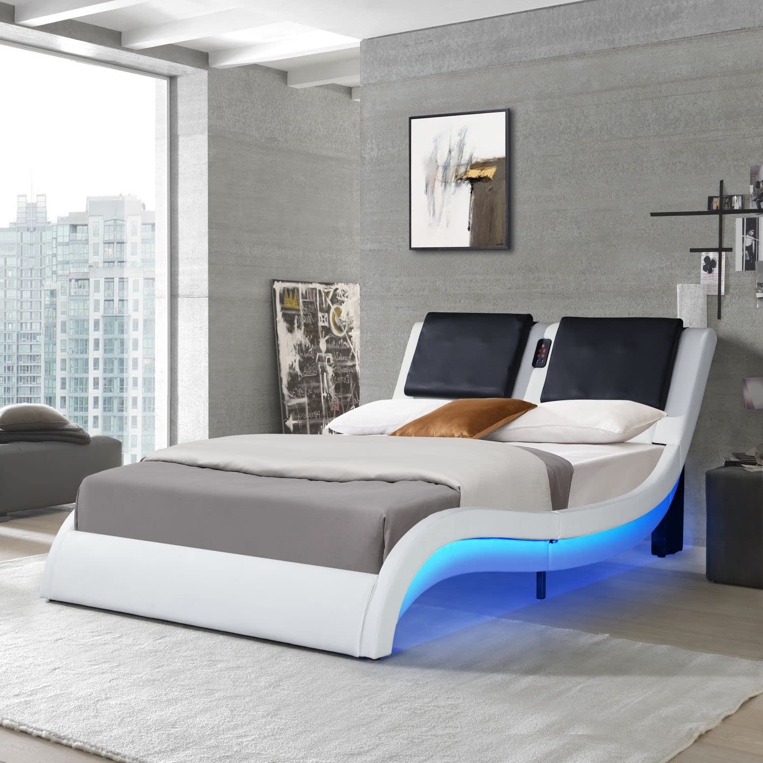 Queen Size LED Bed Frame - Modern Faux Leather Upholstered Platform Bed with RGB Lighting & Wave Headboard | Wood Slats Support, Easy Assembly, Low Profile Design (White) | Perfect for Bedroom, Guest Room & Modern Home Decor