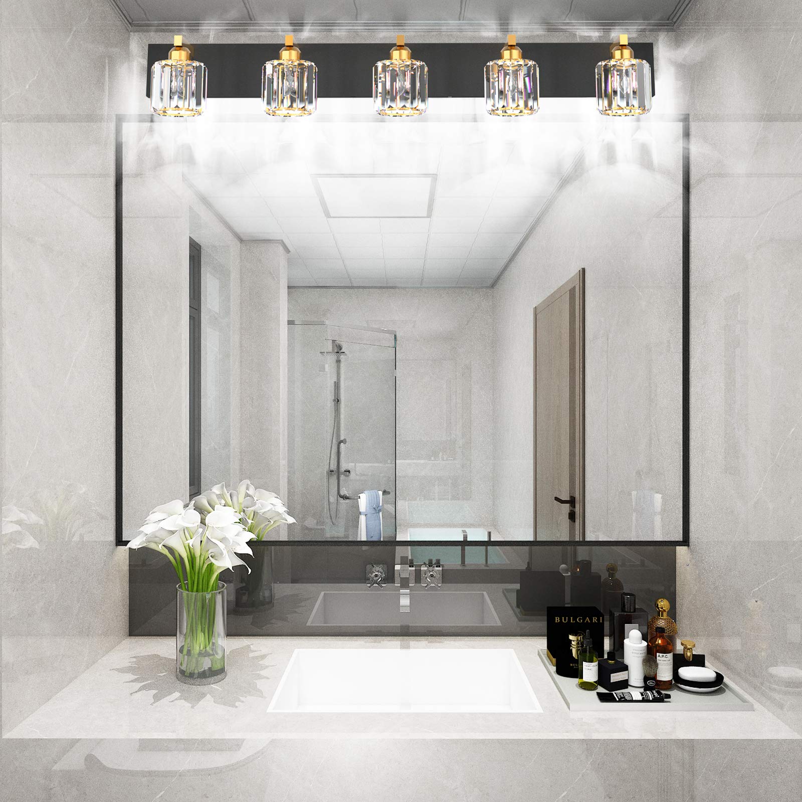 **Aipsun 5-Light Black Crystal Bathroom Vanity Light Fixture - Modern Vanity Lighting for Bathroom, Dressing Room & Makeup Area (Bulbs Not Included)**