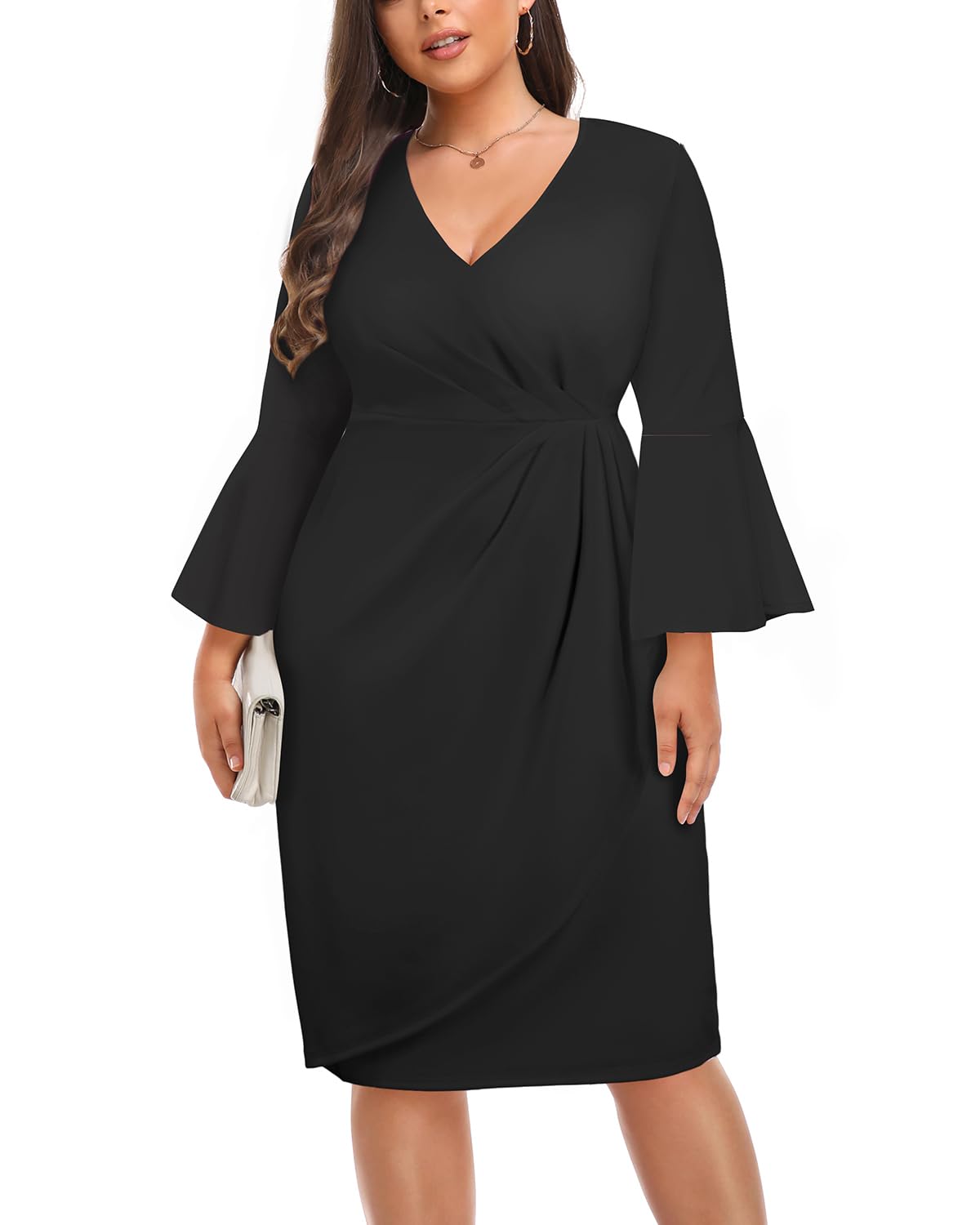 Plus Size Women's Work Dress - V Neck Bell Sleeve Semi-Formal Dress for Wedding Guest, Church, Business Office & Interview | Professional & Elegant Attire for Workwear & Special Occasions