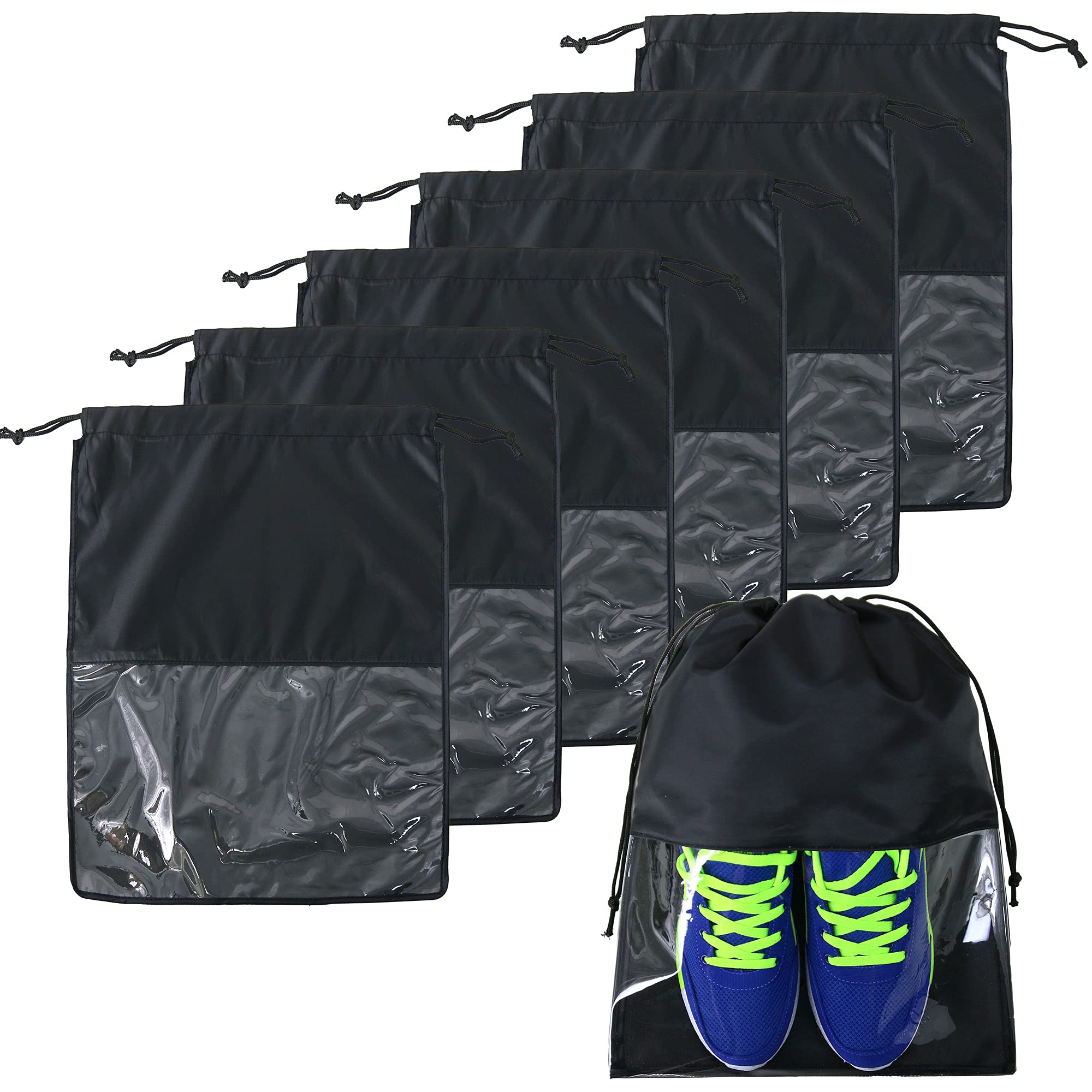 BeeGreen 7 Pack Black Shoe Storage Bags with Transparent Window & Drawstring - Travel Shoe Organizer for Hiking, Dustproof Washable Shoe Pouches - Perfect for Packing, Closet Organization & Gym Bag Storage
