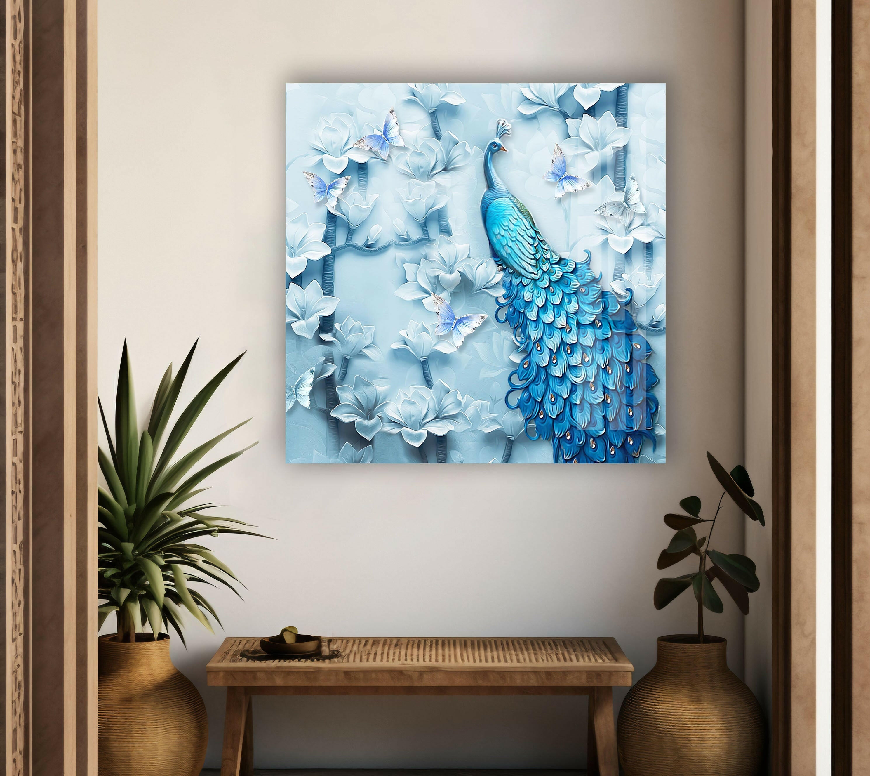 Blue Feather Peacock Glass Wall Art - Handmade Stained Glass Decor for Home & Office - Perfect for Living Room, Bedroom, or Gift