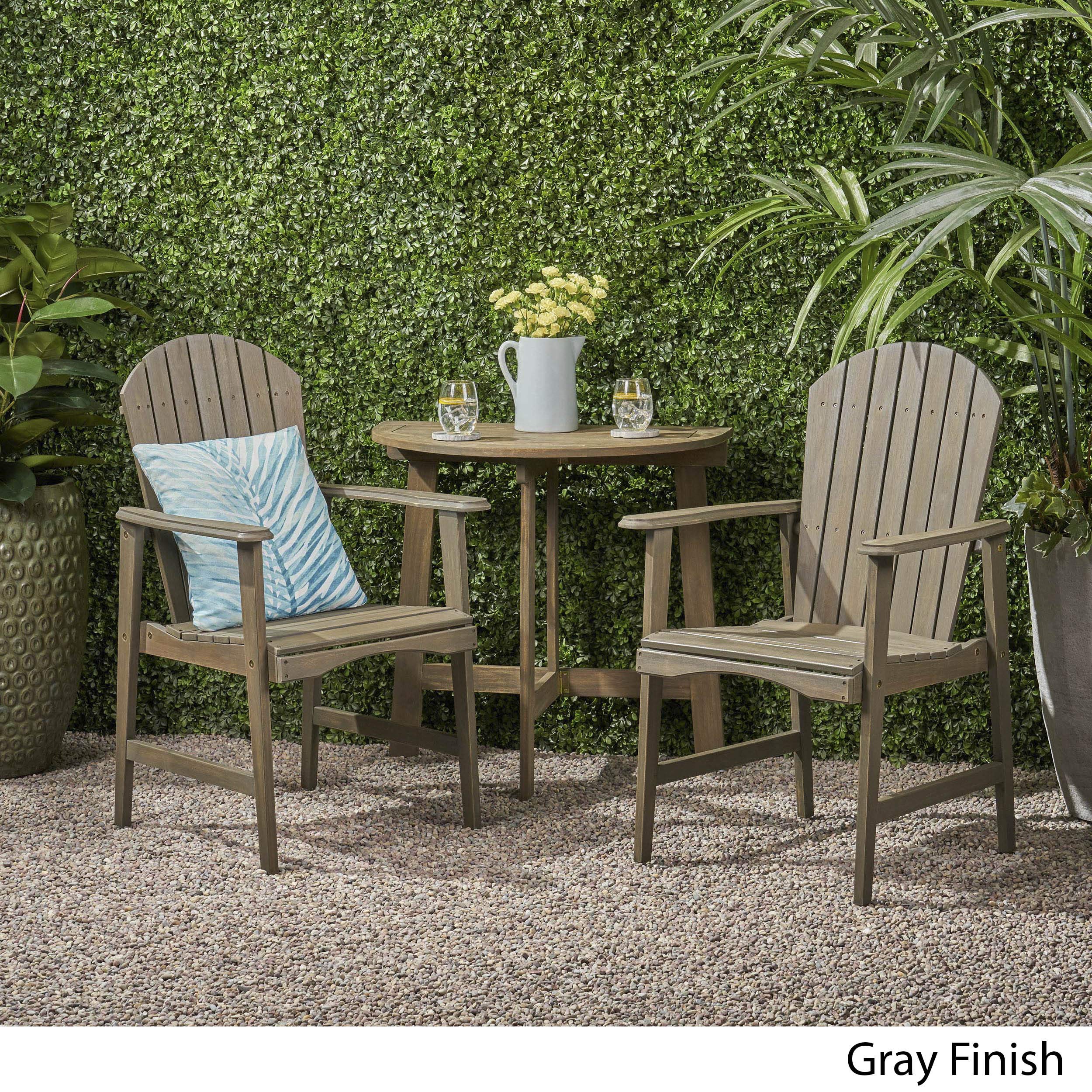 GDFStudio Outdoor 2-Seater Acacia Wood Bistro Table Set with Gray Adirondack Chairs - Half-Round Patio Furniture for Garden, Deck & Backyard Relaxation
