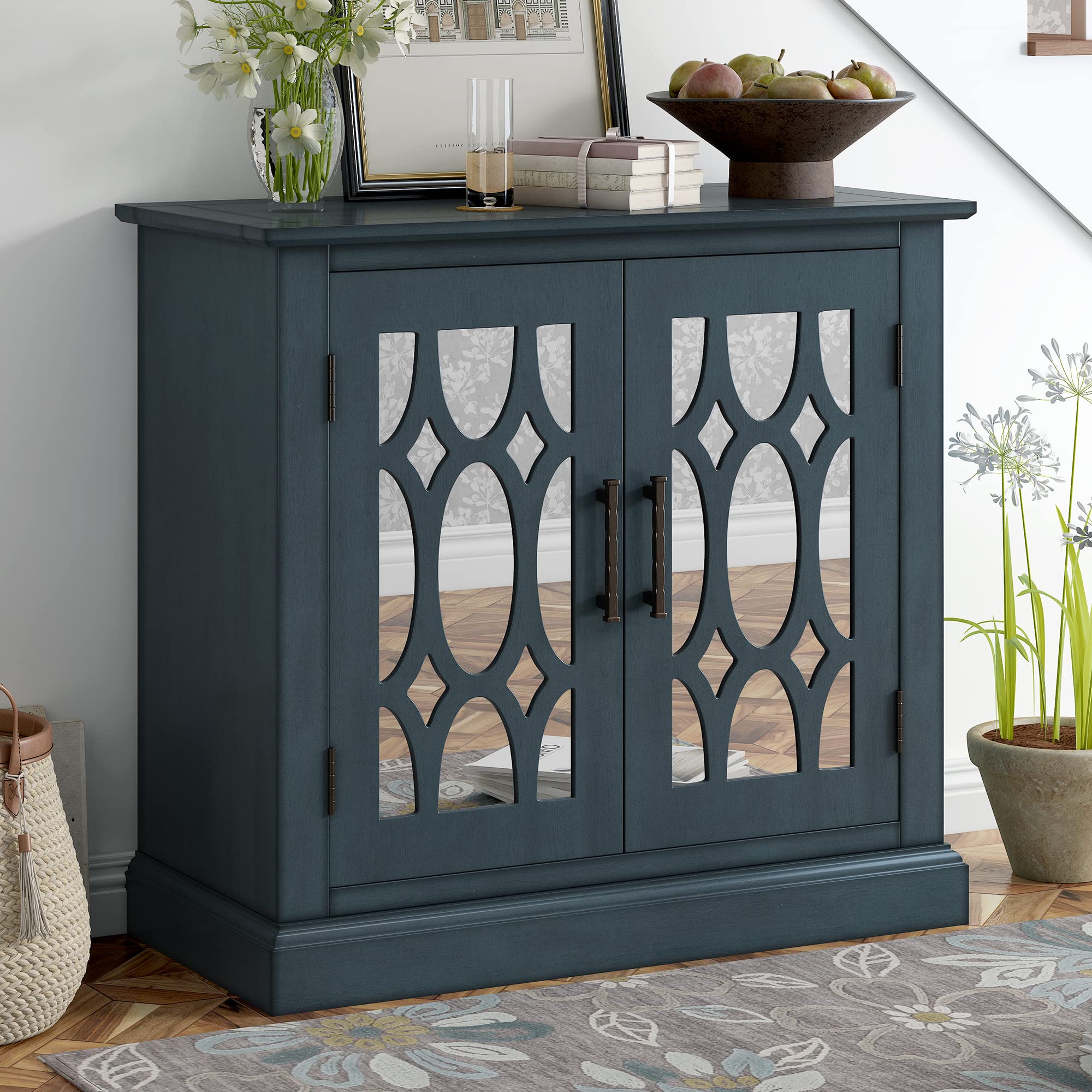 Farmhouse Style Storage Cabinet with 2 Mirrored Doors - Accent Table, Buffet Sideboard for Entryway, Hallway & Dining Room - Vintage Blue Home Decor for Farmhouse, Cottage & Rustic Interiors