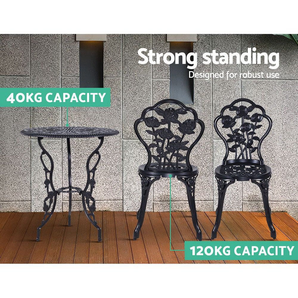 3-Piece Outdoor Bistro Set with Cast Aluminum Table and Chairs in Rose Black - Perfect for Patio, Garden, and Backyard Dining
