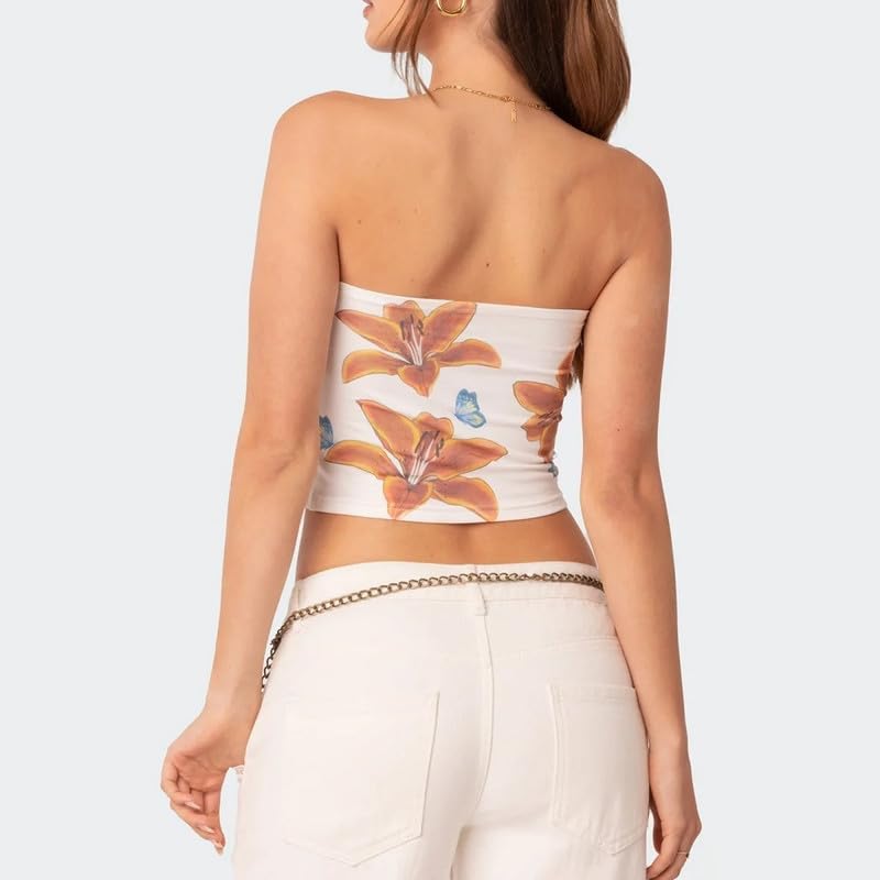 Y2K Women's Sexy Strapless Floral Print Tube Top - Bandeau Crop Tops for Summer Outfits | Perfect for Beach, Music Festivals & Night Out