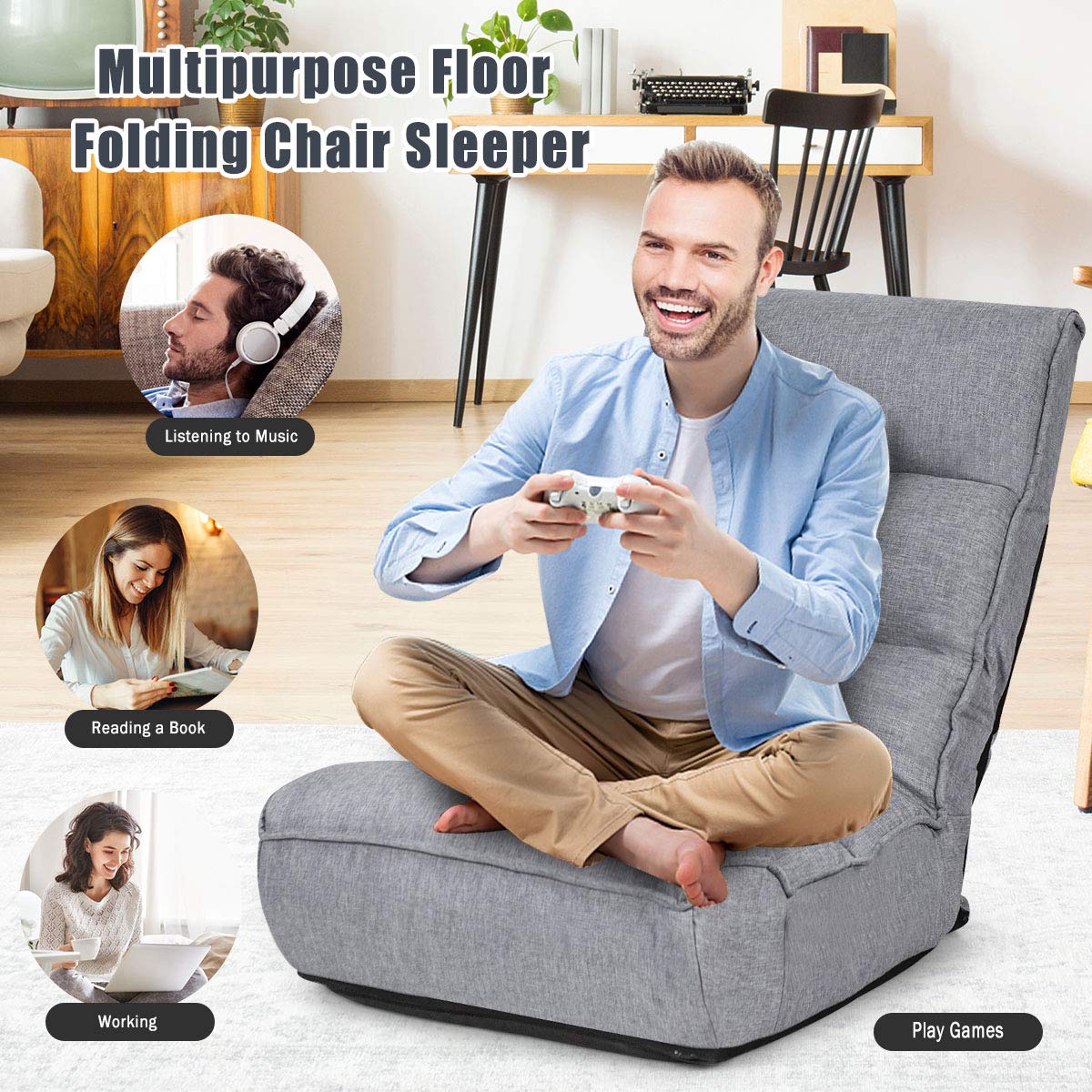 AFSTAR Adjustable Floor Gaming Chair with Headrest & Backrest - 5-Position Reclining, Thick Cushion & Side Pocket - Comfortable Folding Seat for Living Room, Bedroom, Dorm - Perfect for Gaming, Reading & Relaxing