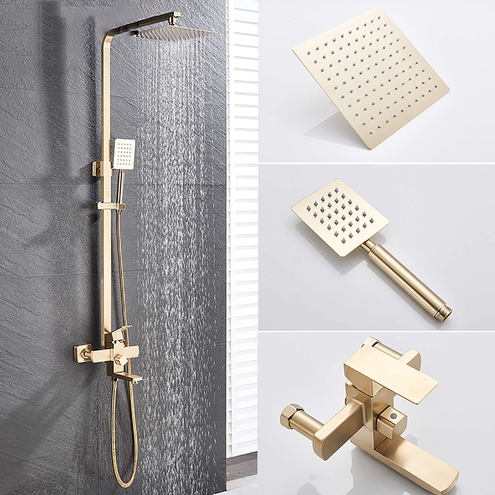 Brushed Gold Rain Mixer Shower Combo Set - Wall Mounted Exposed Bathroom Shower Faucet with 8 Inch Rainfall Shower Head, Handheld Shower & Swivel Tub Spout - Perfect for Modern Bathroom & Spa Experience