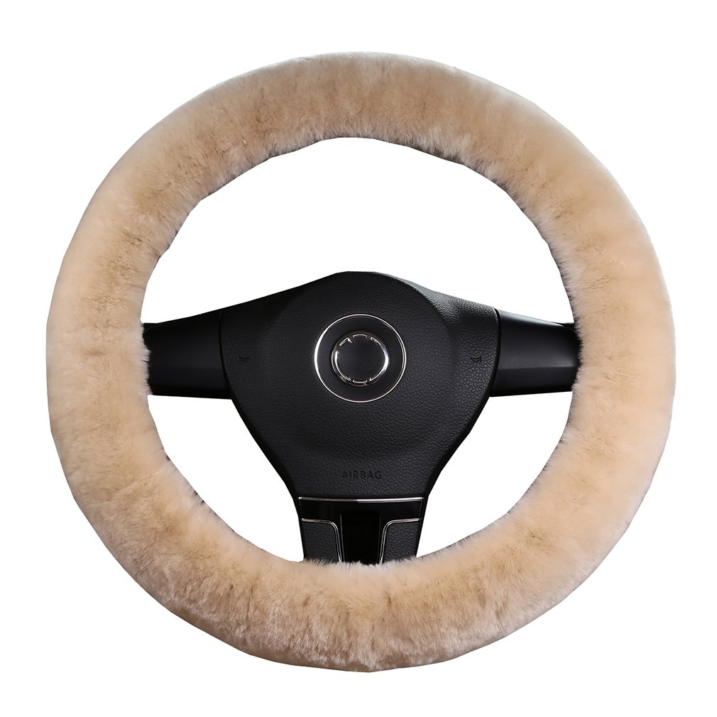 Dotesy 3-Piece Genuine Sheepskin Steering Wheel Cover Set with Gear Shift & Handbrake Covers - Universal Fit for 15 Inch Wheels (Pearl White) | Premium Australian Wool Car Accessories for Comfort & Grip in All Seasons | Perfect for Road Trips, Winter Driving & Luxury Vehicle Protection