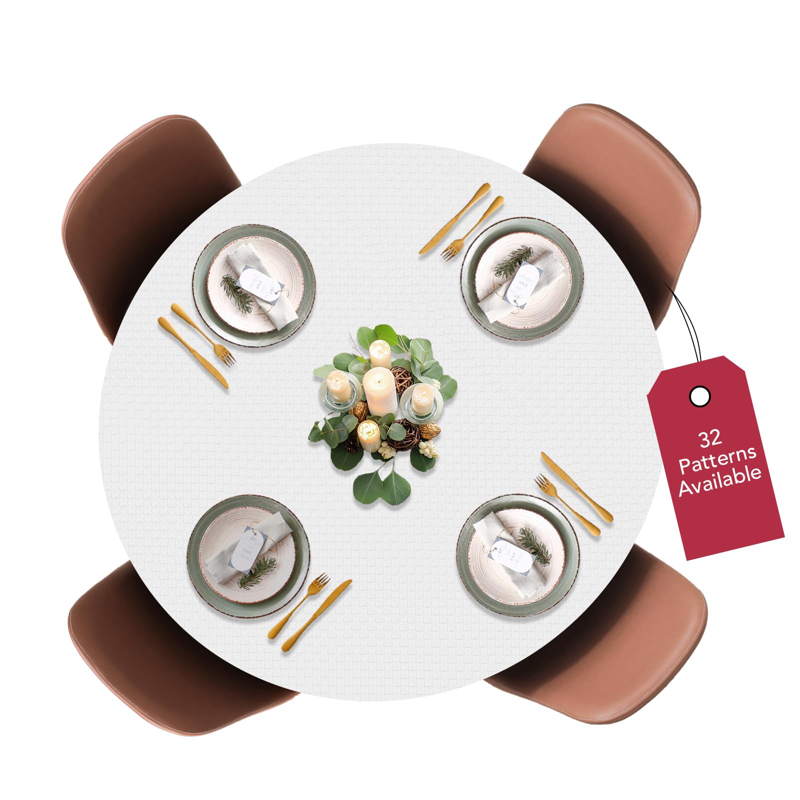 Deluxe Elastic Edged Flannel Backed Vinyl Fitted Table Cover - Quilted White Pattern - Small Round/Oblong/Oval (Fits 40