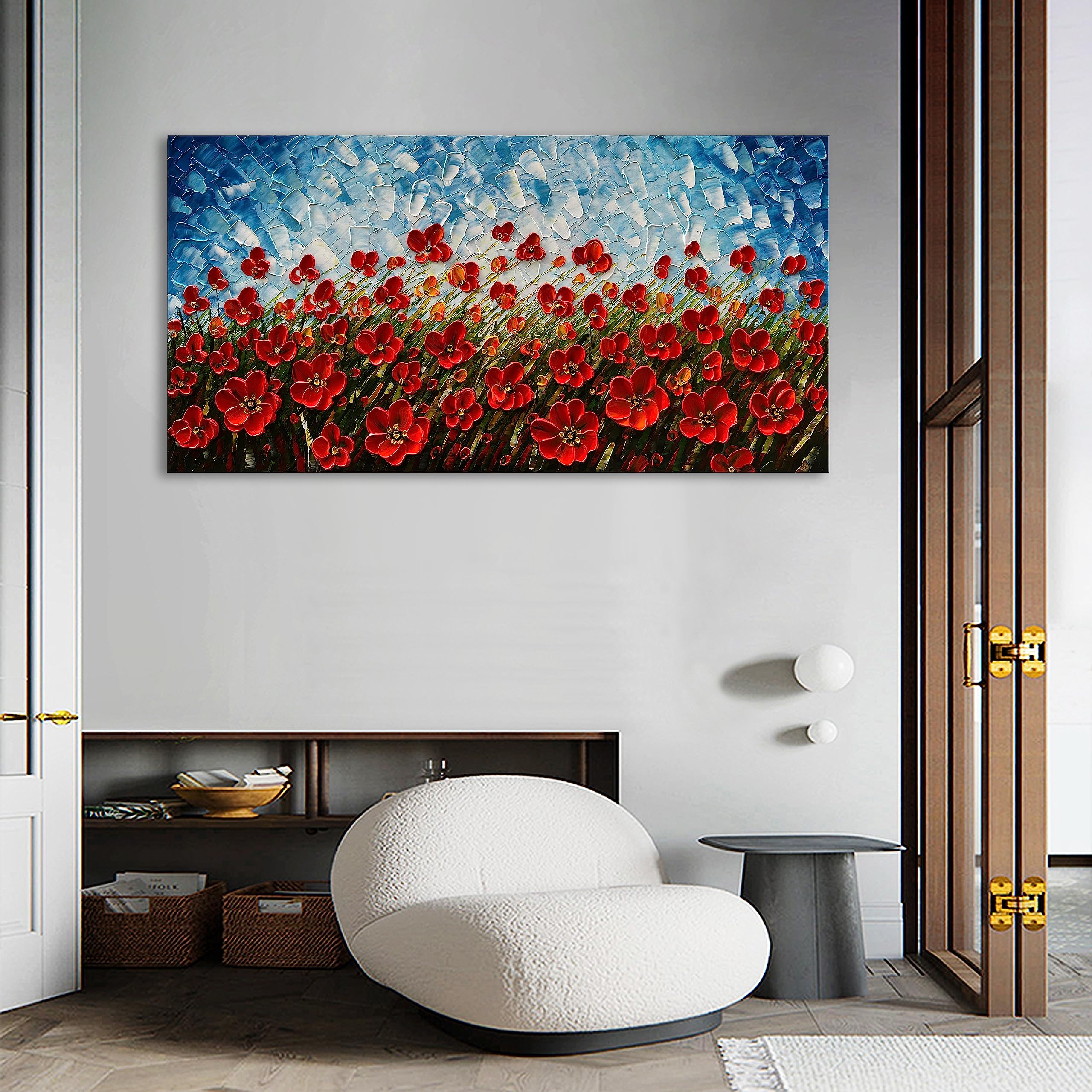 24x48 Inches Hand-Painted Red Flower Oil Painting - Contemporary Canvas Wall Art for Living Room, Bedroom & Dining Room Decor - Perfect for Home Interior Design & Gift Giving