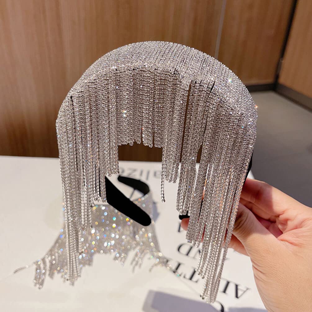 Lurrose Women's Rhinestone Tassel Headband - Sparkly Crystal Beaded Hair Accessories for Wedding, Party & Special Occasions - Silver Fashion Headwear for Women and Girls