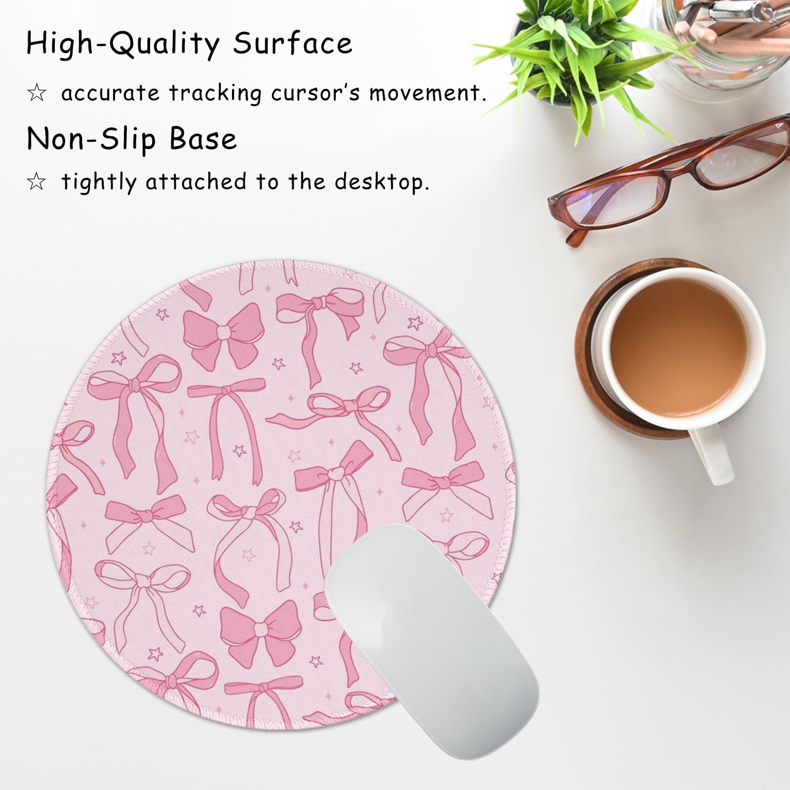 Kawaii Pink Bow Round Mouse Pad - Non-Slip Rubber Base Desk Accessory for Laptop & Computer (7.9×7.9 Inch) | Cute Office Decor & Travel Mousepad for Work, Gaming & Home Use