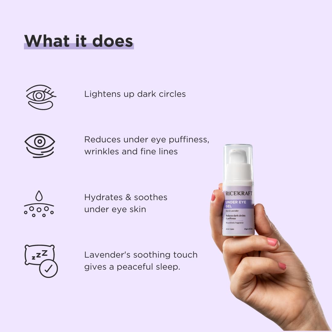 RiceKraft Under Eye Cream for Dark Circles & Wrinkles - Anti-Aging Eye Treatment with Rice Extract, Lavender & Green Tea - Puffiness Reduction - Cruelty-Free, Paraben-Free, Fragrance-Free - 15g - Perfect for Morning/Night Skincare Routine & Travel