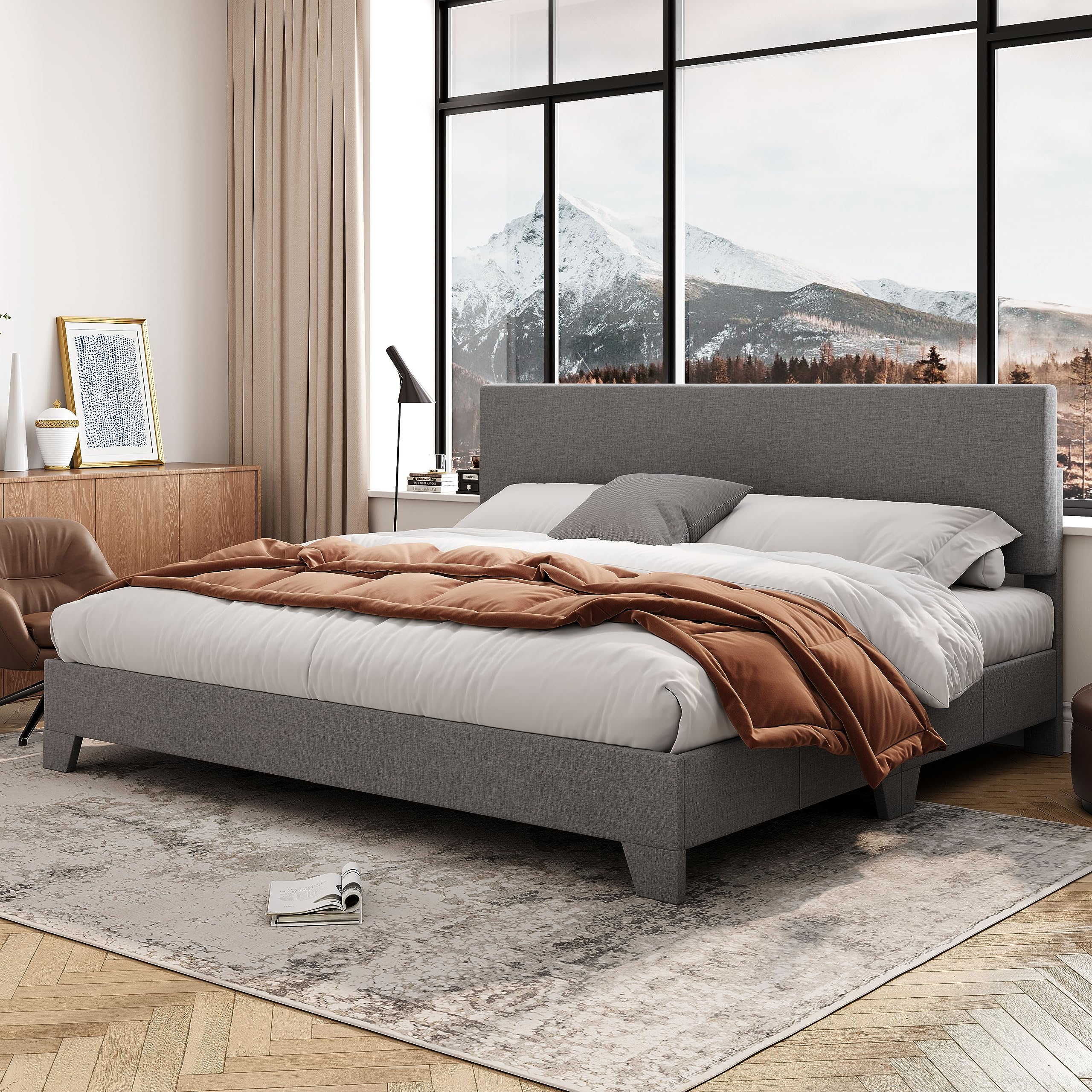 Allewie King Size Platform Bed Frame with Adjustable Upholstered Headboard - Sturdy Wood Slats & Heavy Duty Mattress Foundation - No Box Spring Needed - Quiet & Easy Assembly in Light Grey - Perfect for Master Bedroom, Guest Room or Modern Apartment