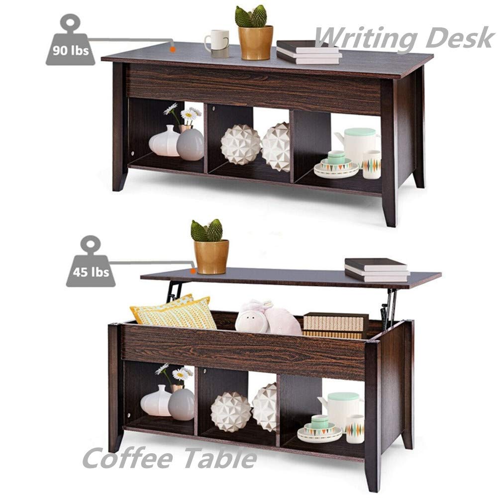 Modern Lift Top Coffee Table with Hidden Storage - Solid Wood Lift-Top Coffee Table for Living Room, Home Office, Dining - Brown Lift Table with Compartment for Books & Remotes