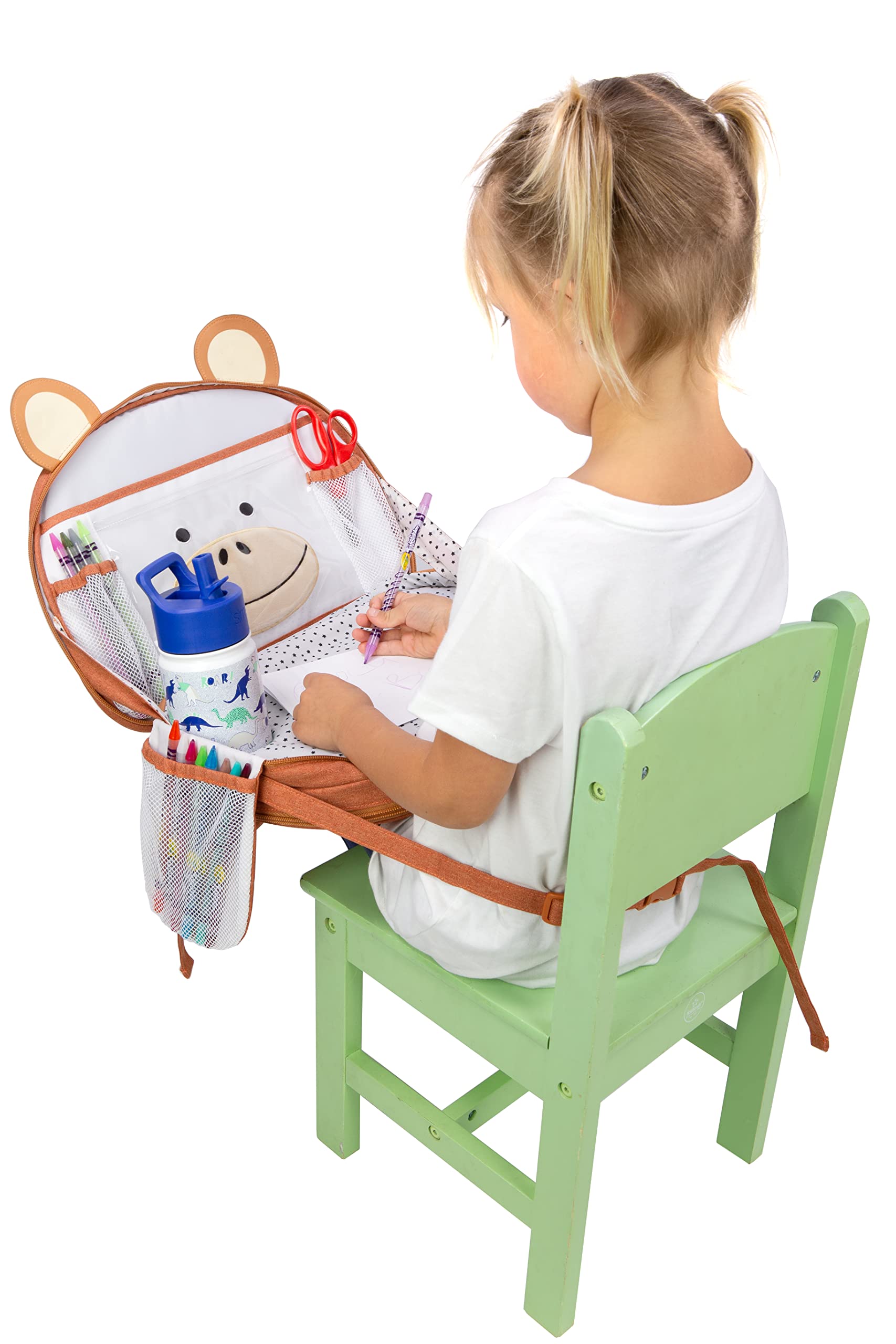 Lulyboo Toddler Travel Tray with Backpack - Portable Car Seat & Airplane Tray Table for Kids - Built-in Cup Holder, 8 Storage Pockets & Firm Writing Surface - Perfect for Road Trips, Flights & Homeschooling (Monkey Design)