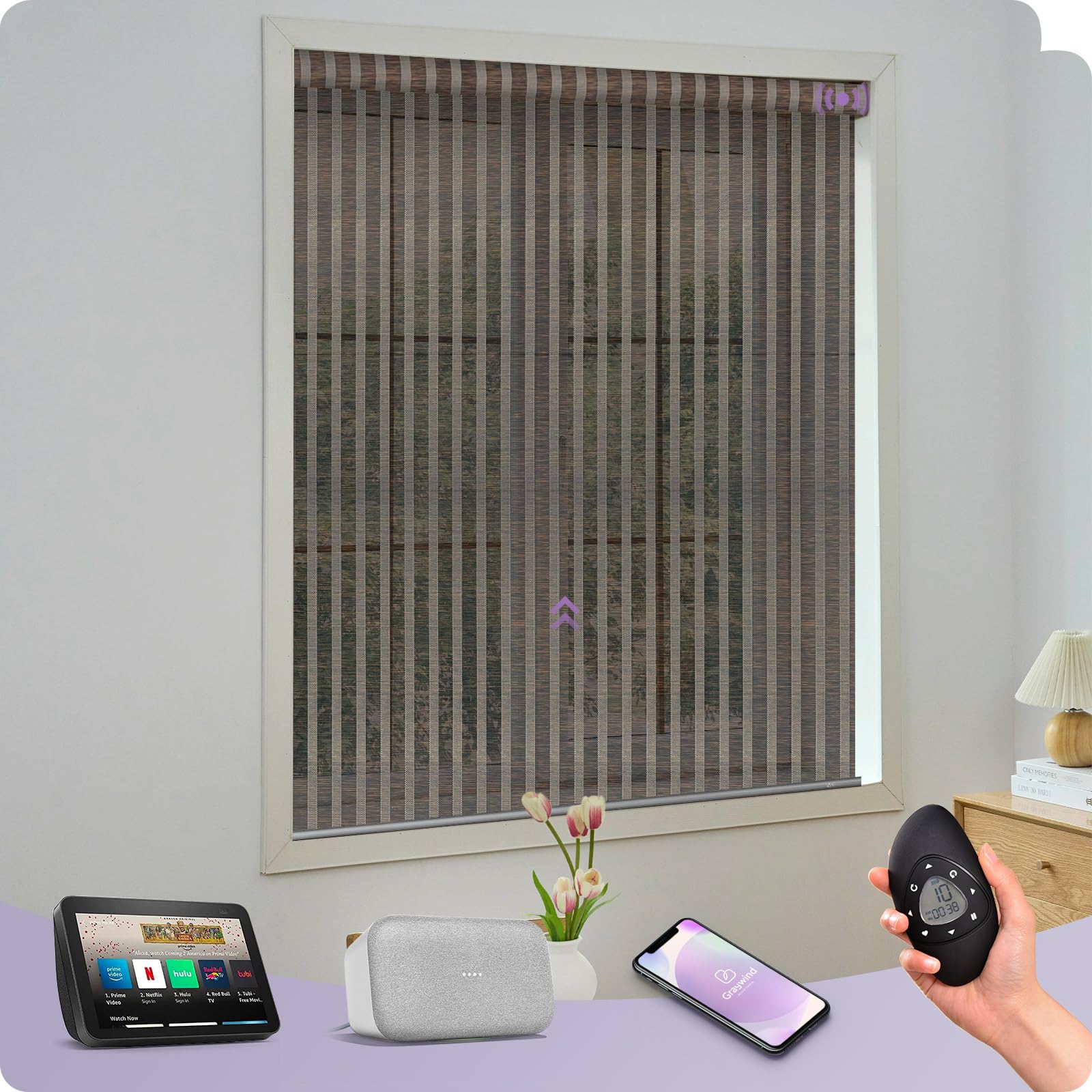 Graywind Smart Roller Shades - Motorized Natural Woven Shades with Alexa & Google Home Control, Remote Electric Light Filtering Window Blinds for Sliding Doors - Custom Size (Backwood) - Perfect for Living Rooms, Bedrooms & Home Offices