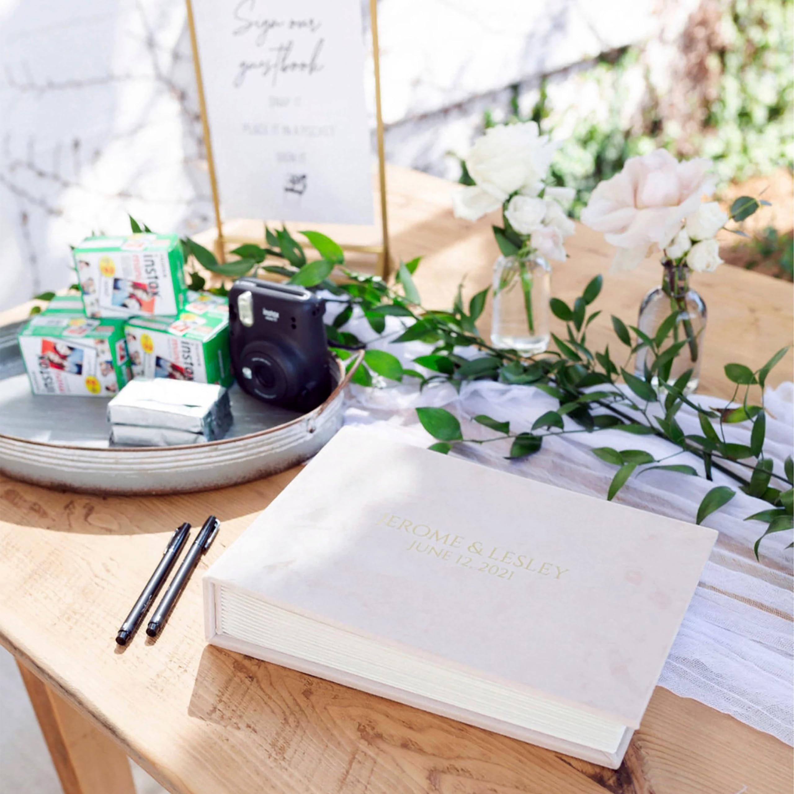 Wedding Guest Book Alternative - Velvet Photo Album for All Instant Photo Sizes (4x6, 2x6) - Mini Wide Square Photo Booth Guestbook with Pockets - Handmade Memory Scrapbook for Weddings, Anniversaries & Special Events