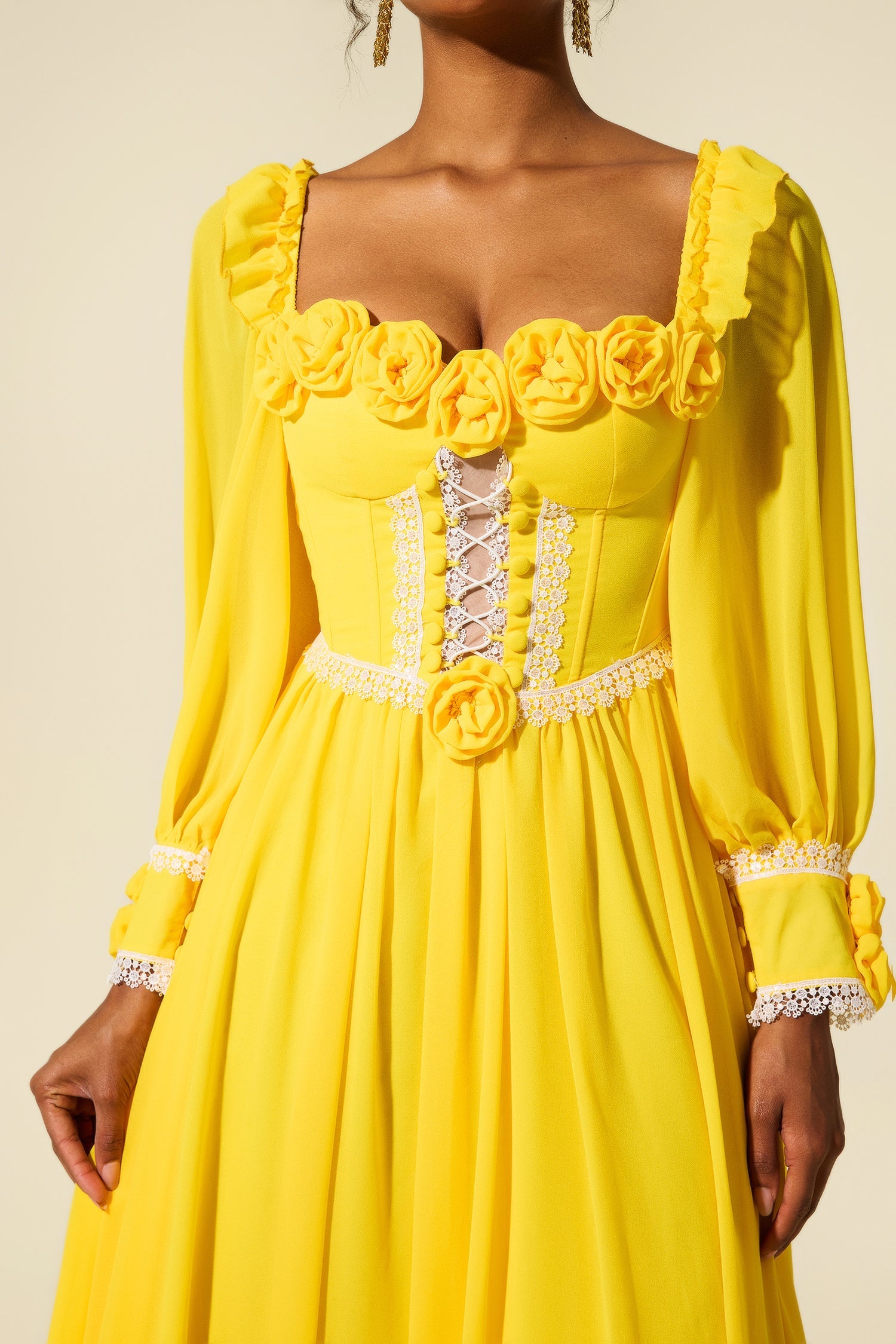 Elegant Yellow Chiffon 3D Flower Long Sleeve Midi Dress for Women | Summer Wedding Guest Dress & Party Cocktail Attire