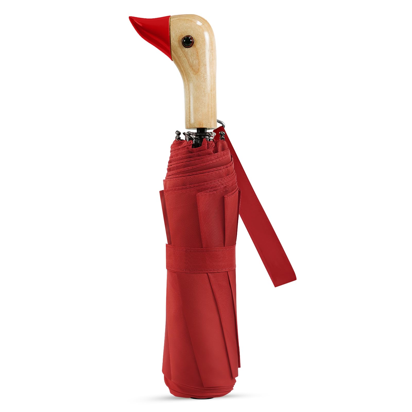 Compact Travel Umbrella with Cute Duck Handle - Lightweight Folding Umbrella for Women & Girls, Wooden Handle, Yellow Duck Head Design - Perfect for Rainy Days, Commuting, and Outdoor Adventures