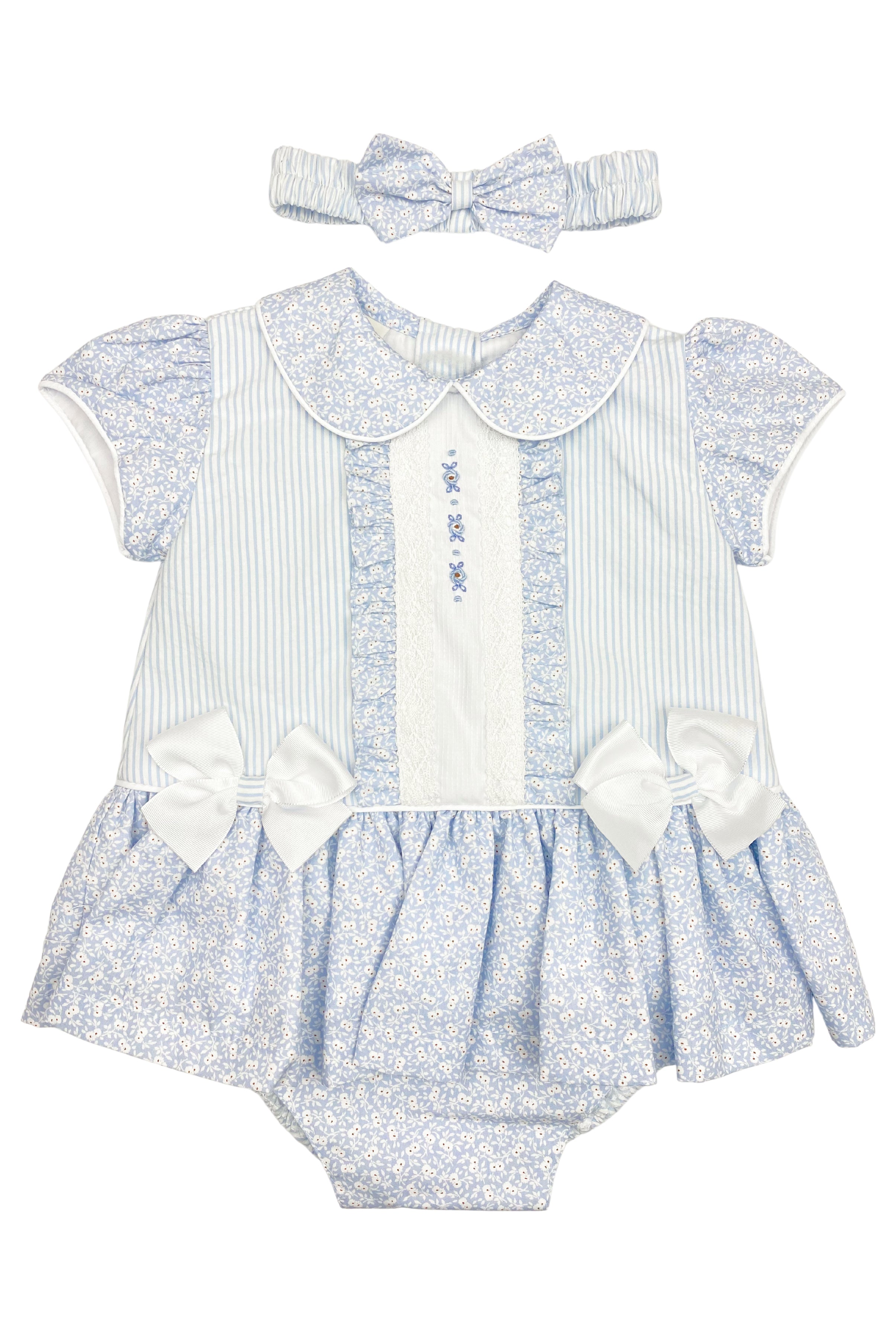 Seraphina Blue Floral Dress with Bloomers & Headband Set - Elegant Floral Print Summer Dress for Girls - Perfect for Parties, Photos & Special Occasions
